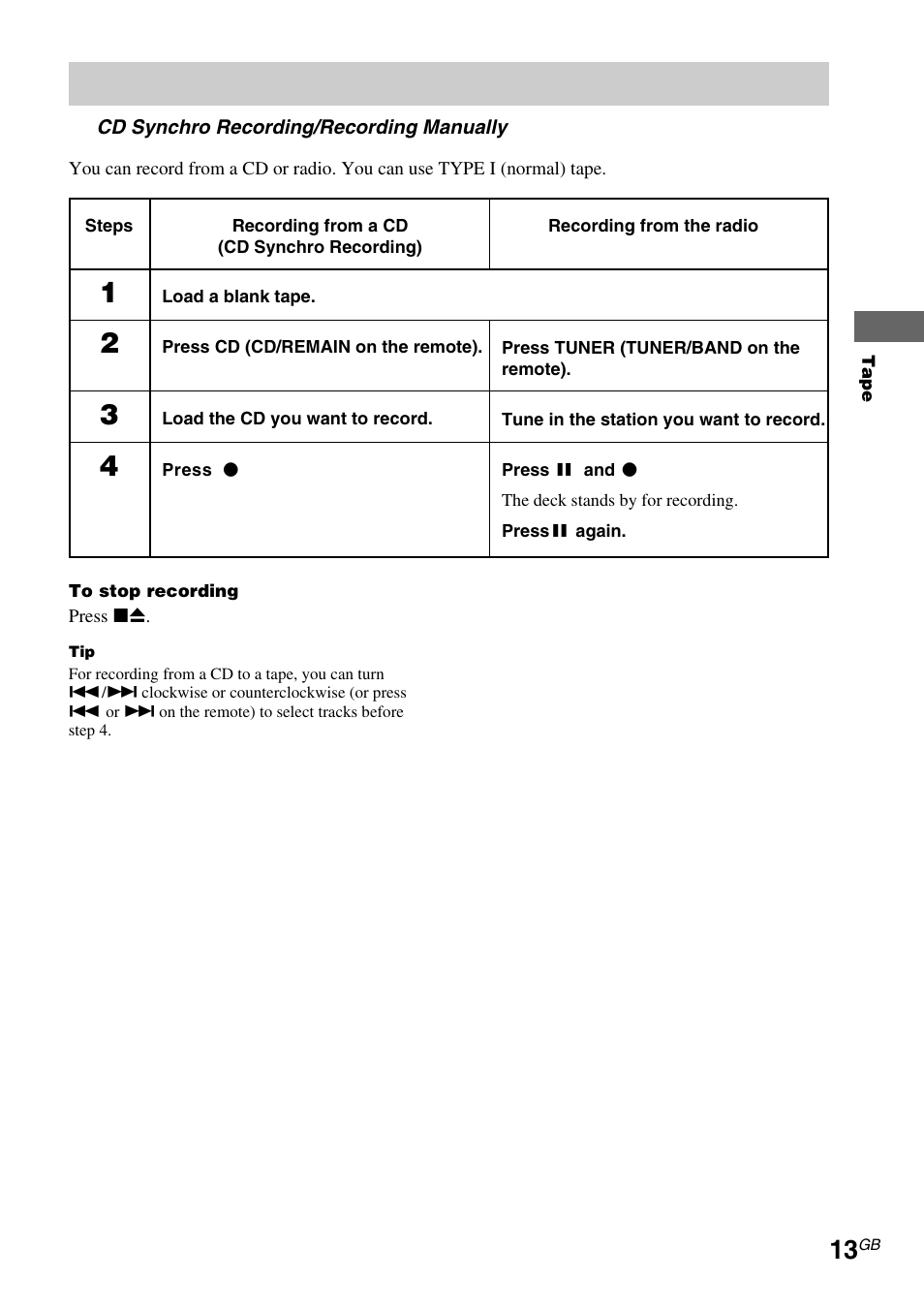 Recording to a tape | Sony CMT-EP303 User Manual | Page 13 / 20