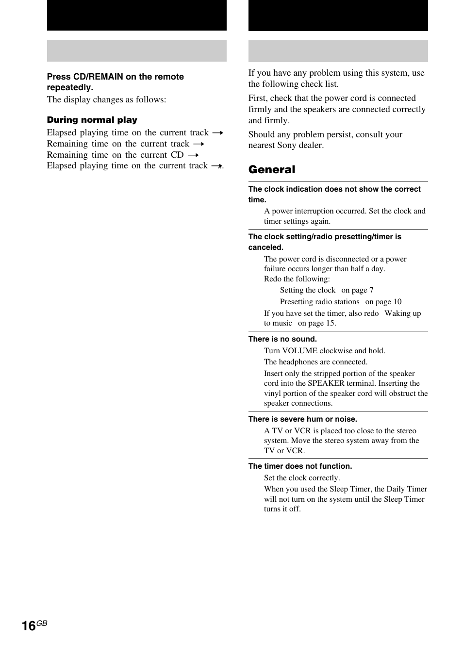 Display, Using the cd display, Troubleshooting | Problems and remedies | Sony CMT-EP303 User Manual | Page 16 / 20