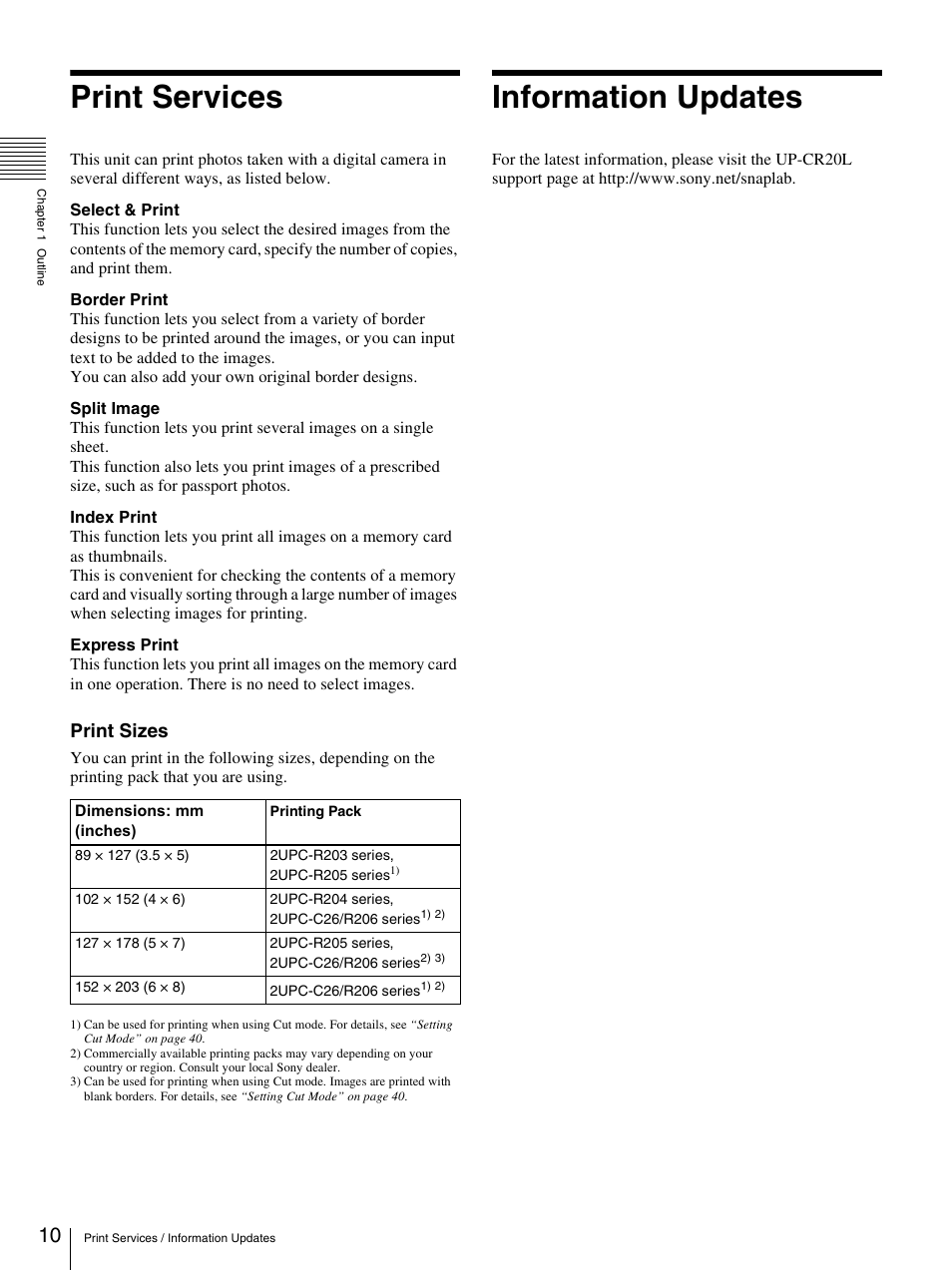 Print services, Information updates, Print services information updates | Print sizes | Sony UP-CR20L User Manual | Page 10 / 82