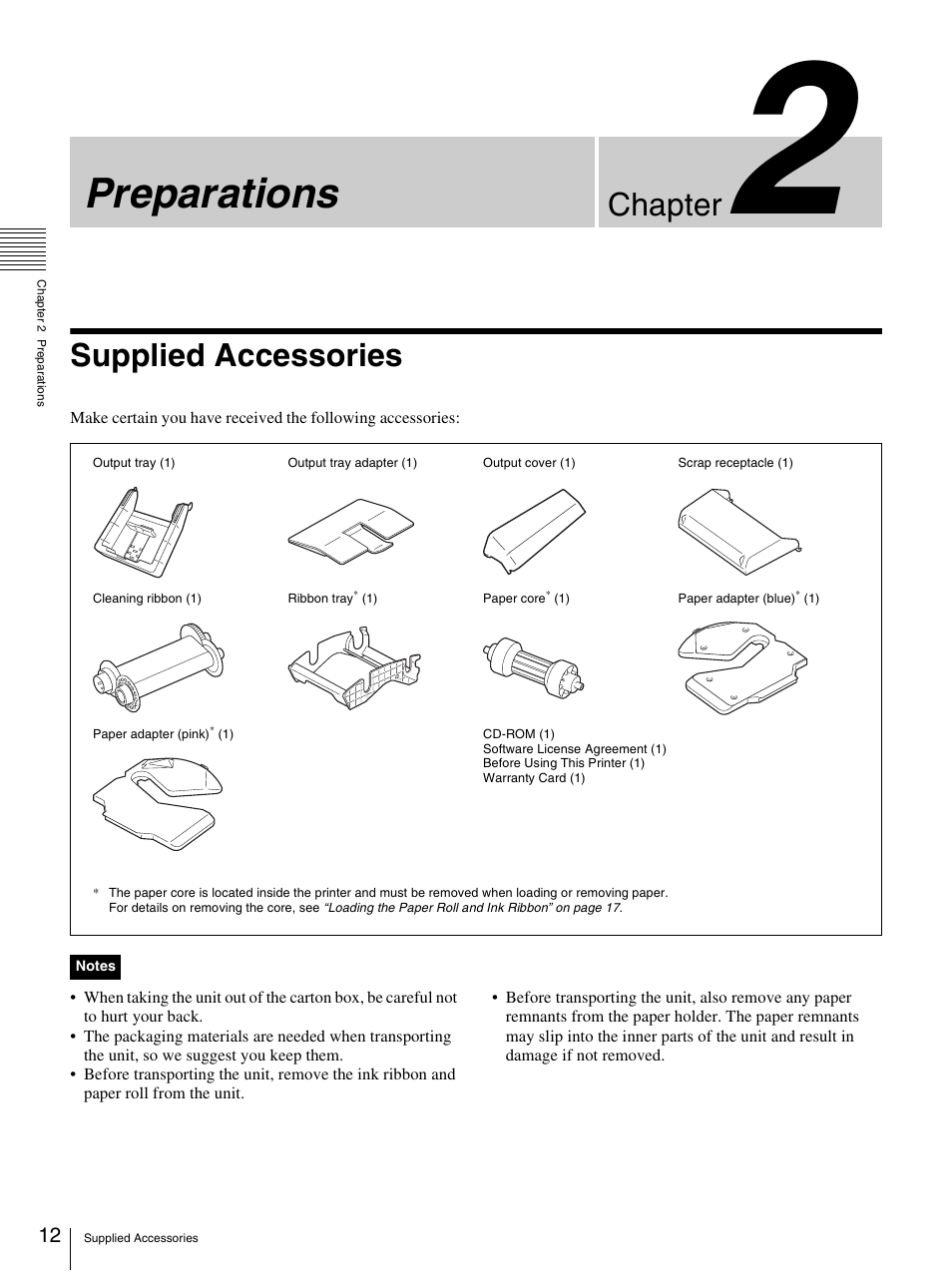 Chapter 2 preparations, Supplied accessories, Preparations | Chapter | Sony UP-CR20L User Manual | Page 12 / 82