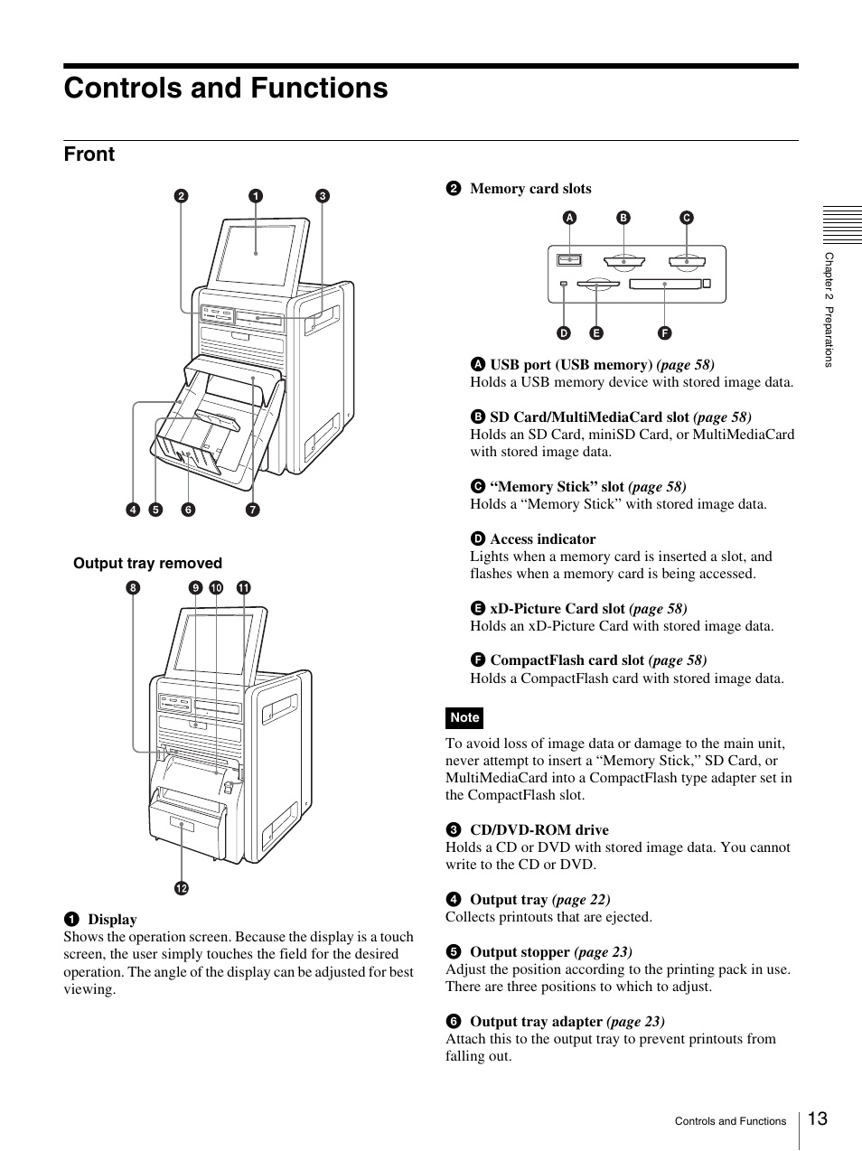 Controls and functions, Front | Sony UP-CR20L User Manual | Page 13 / 82