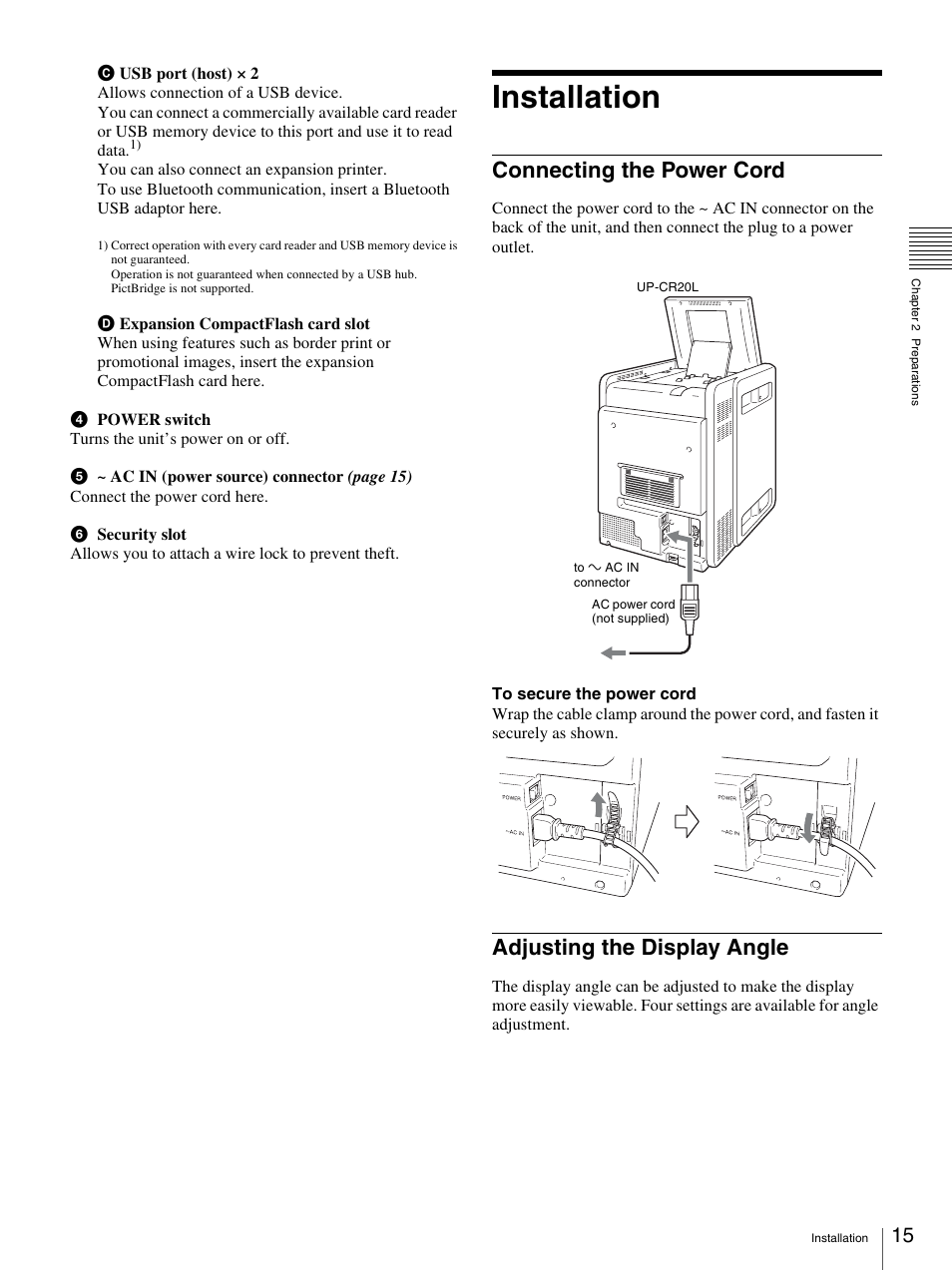 Installation, Connecting the power cord, Adjusting the display angle | Sony UP-CR20L User Manual | Page 15 / 82