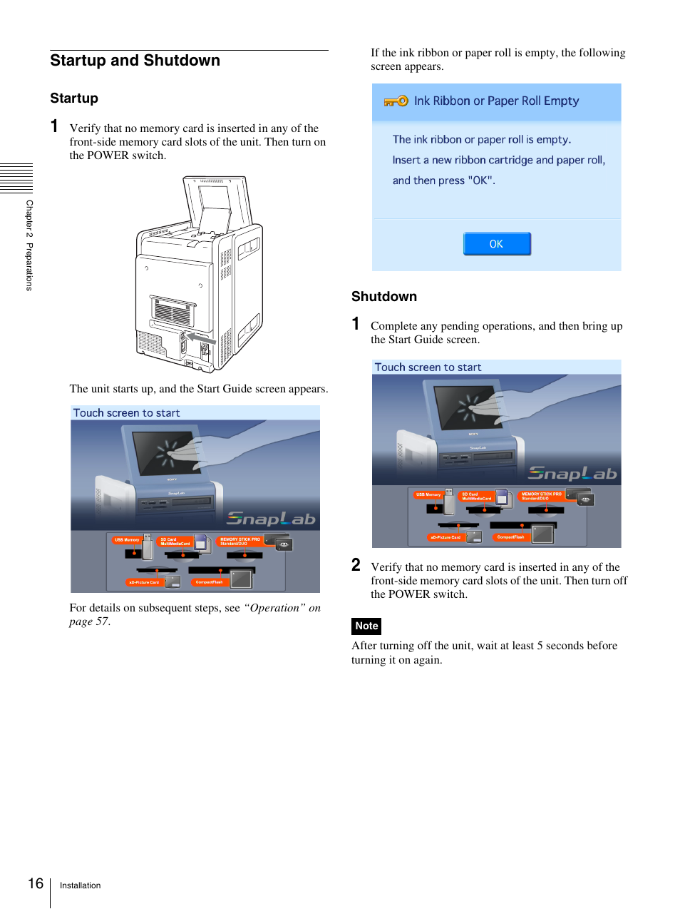 Startup and shutdown | Sony UP-CR20L User Manual | Page 16 / 82