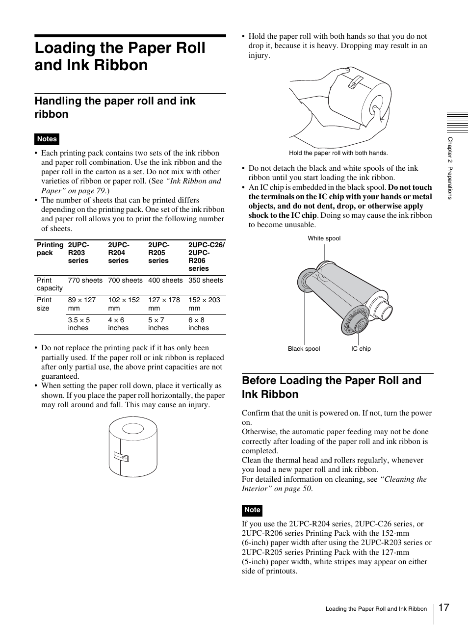 Loading the paper roll and ink ribbon, Handling the paper roll and ink ribbon, Before loading the paper roll and ink ribbon | Sony UP-CR20L User Manual | Page 17 / 82
