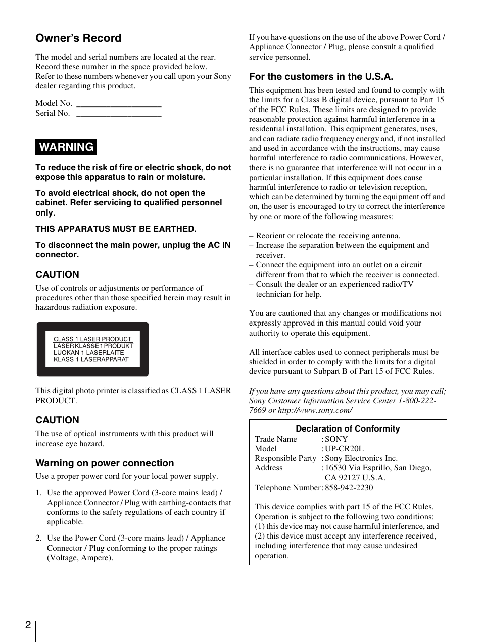 Owner’s record, Warning | Sony UP-CR20L User Manual | Page 2 / 82