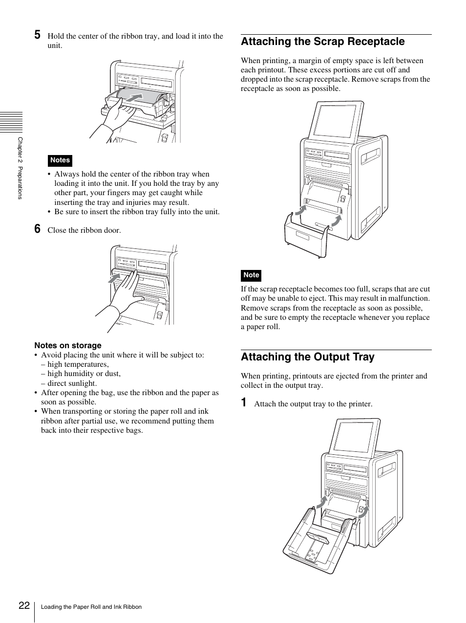 Attaching the scrap receptacle, Attaching the output tray | Sony UP-CR20L User Manual | Page 22 / 82