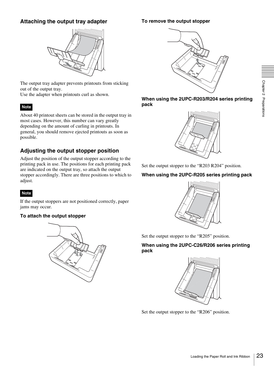 Attaching the output tray adapter, Adjusting the output stopper position | Sony UP-CR20L User Manual | Page 23 / 82