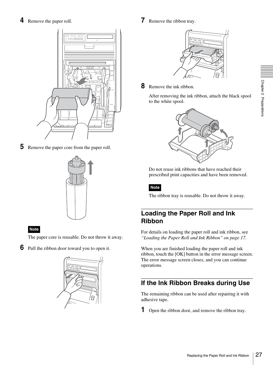 Loading the paper roll and ink ribbon, If the ink ribbon breaks during use | Sony UP-CR20L User Manual | Page 27 / 82