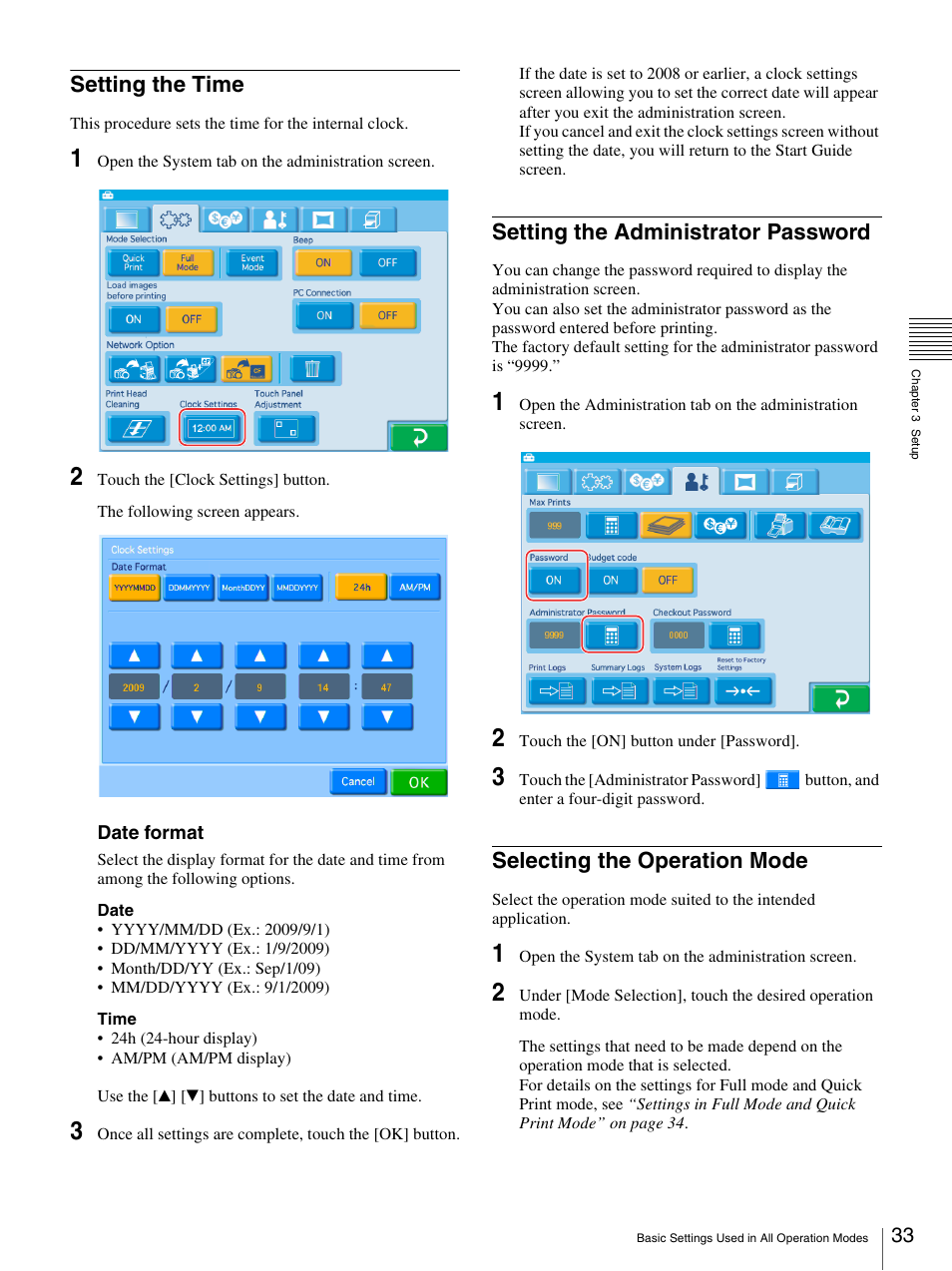 Setting the time, Setting the administrator password, Selecting the operation mode | Sony UP-CR20L User Manual | Page 33 / 82