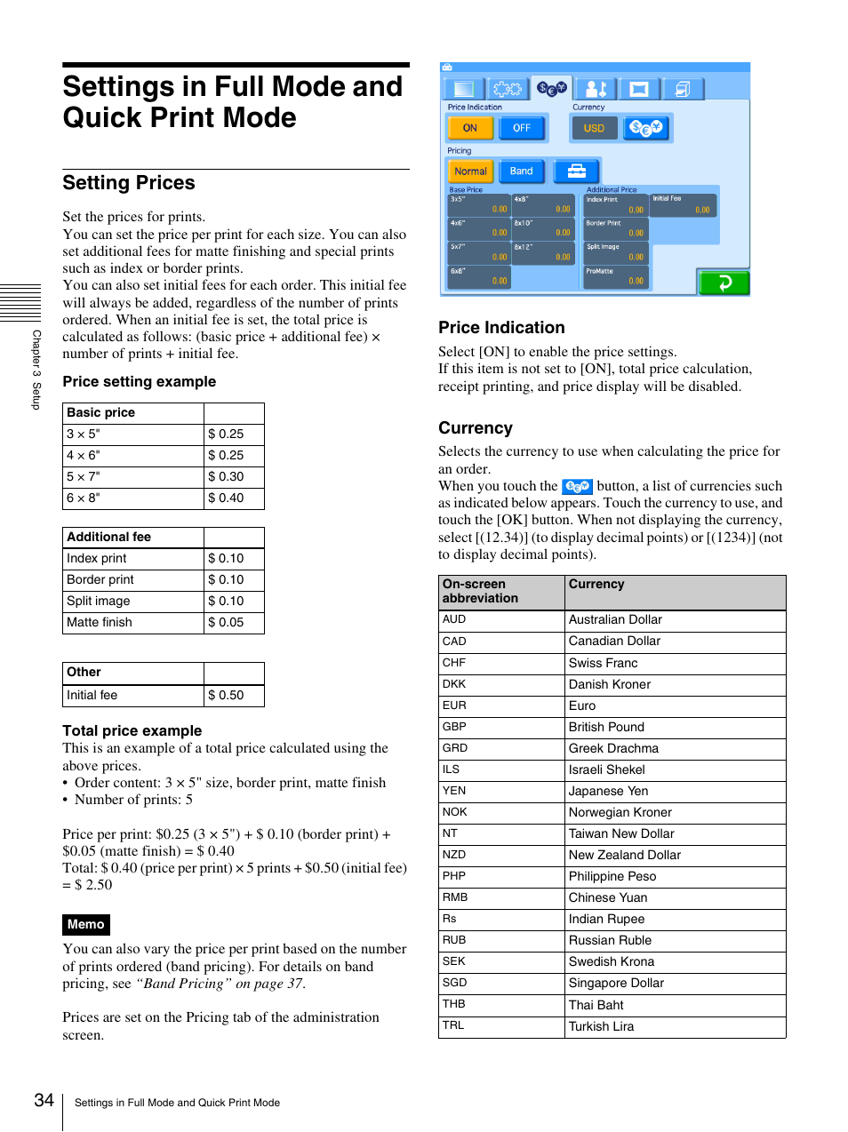 Settings in full mode and quick print mode, Setting prices, Price indication | Currency | Sony UP-CR20L User Manual | Page 34 / 82