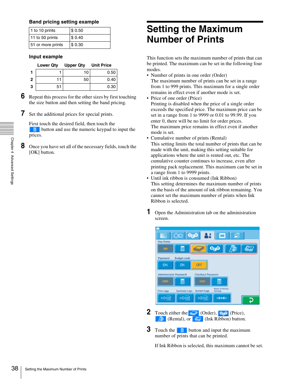Setting the maximum number of prints | Sony UP-CR20L User Manual | Page 38 / 82