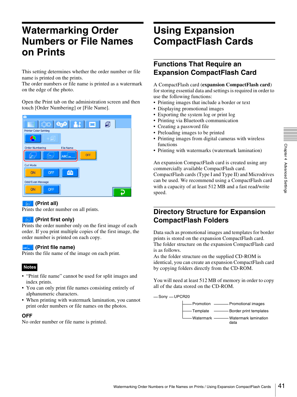 Watermarking order numbers or file names on prints, Using expansion compactflash cards | Sony UP-CR20L User Manual | Page 41 / 82