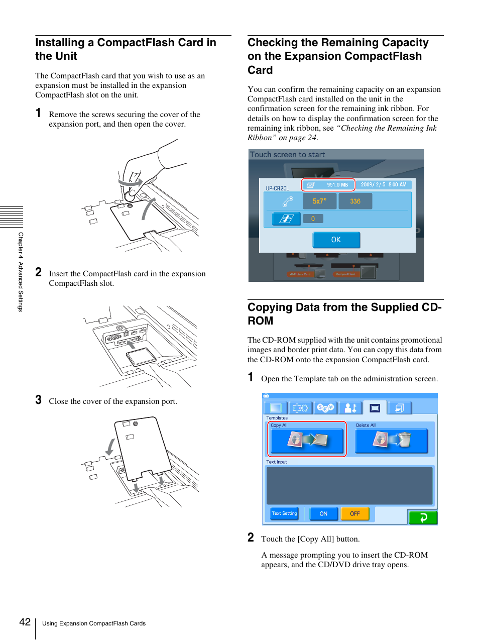 Installing a compactflash card in the unit, Copying data from the supplied cd-rom, Card | Copying data from the supplied cd- rom | Sony UP-CR20L User Manual | Page 42 / 82