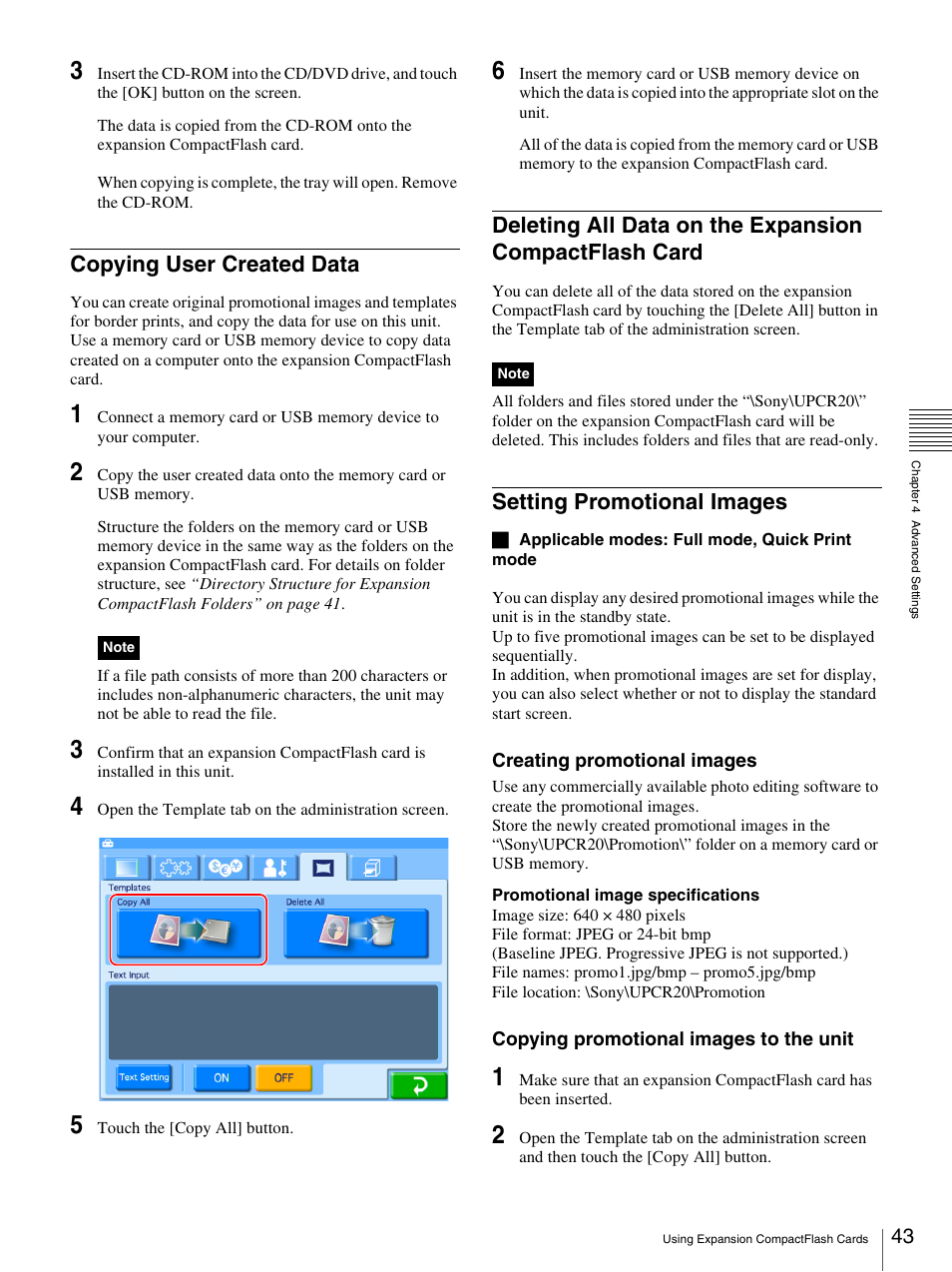 Copying user created data, Setting promotional images | Sony UP-CR20L User Manual | Page 43 / 82