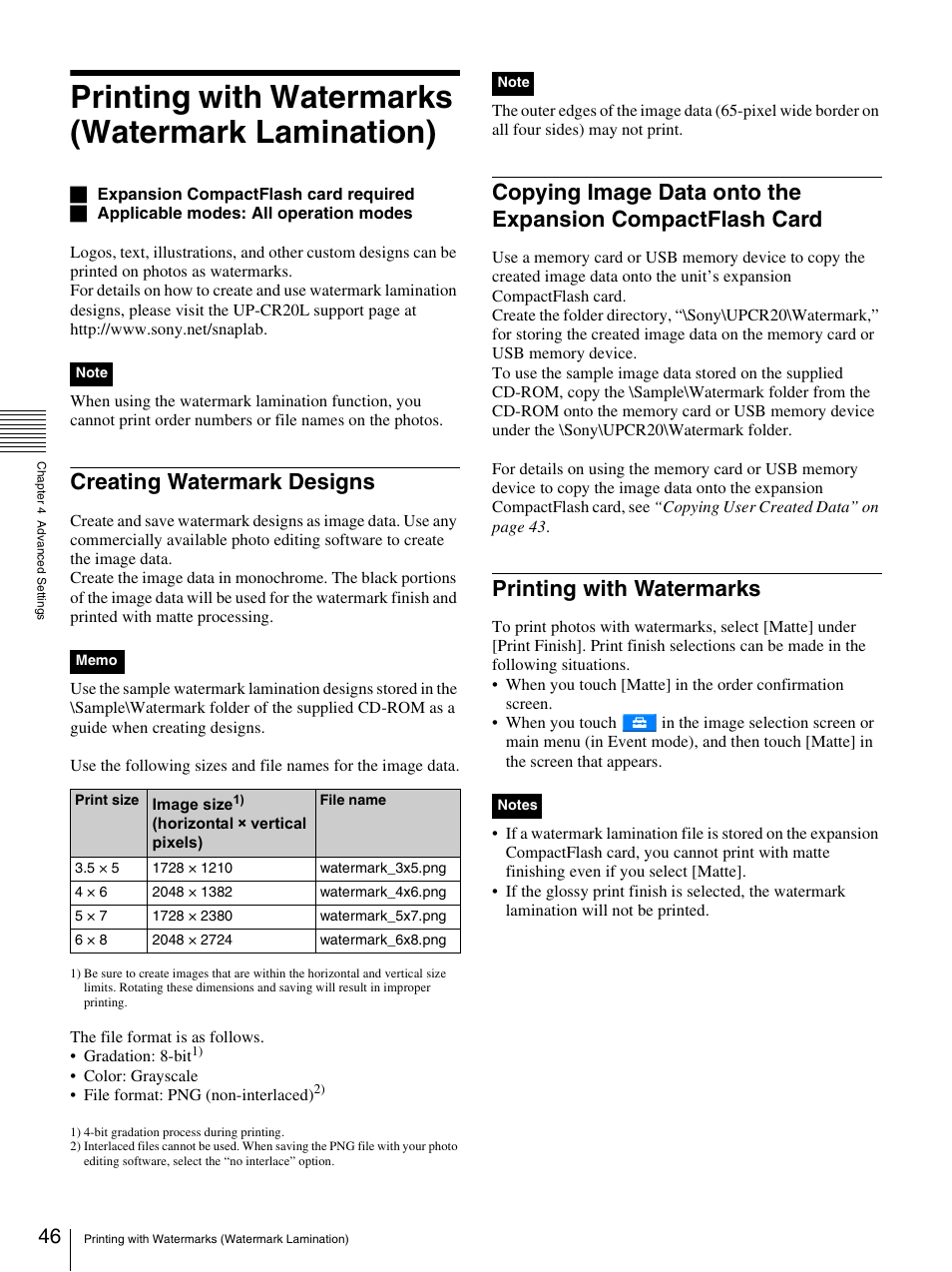 Printing with watermarks (watermark lamination), Creating watermark designs, Printing with watermarks | Sony UP-CR20L User Manual | Page 46 / 82