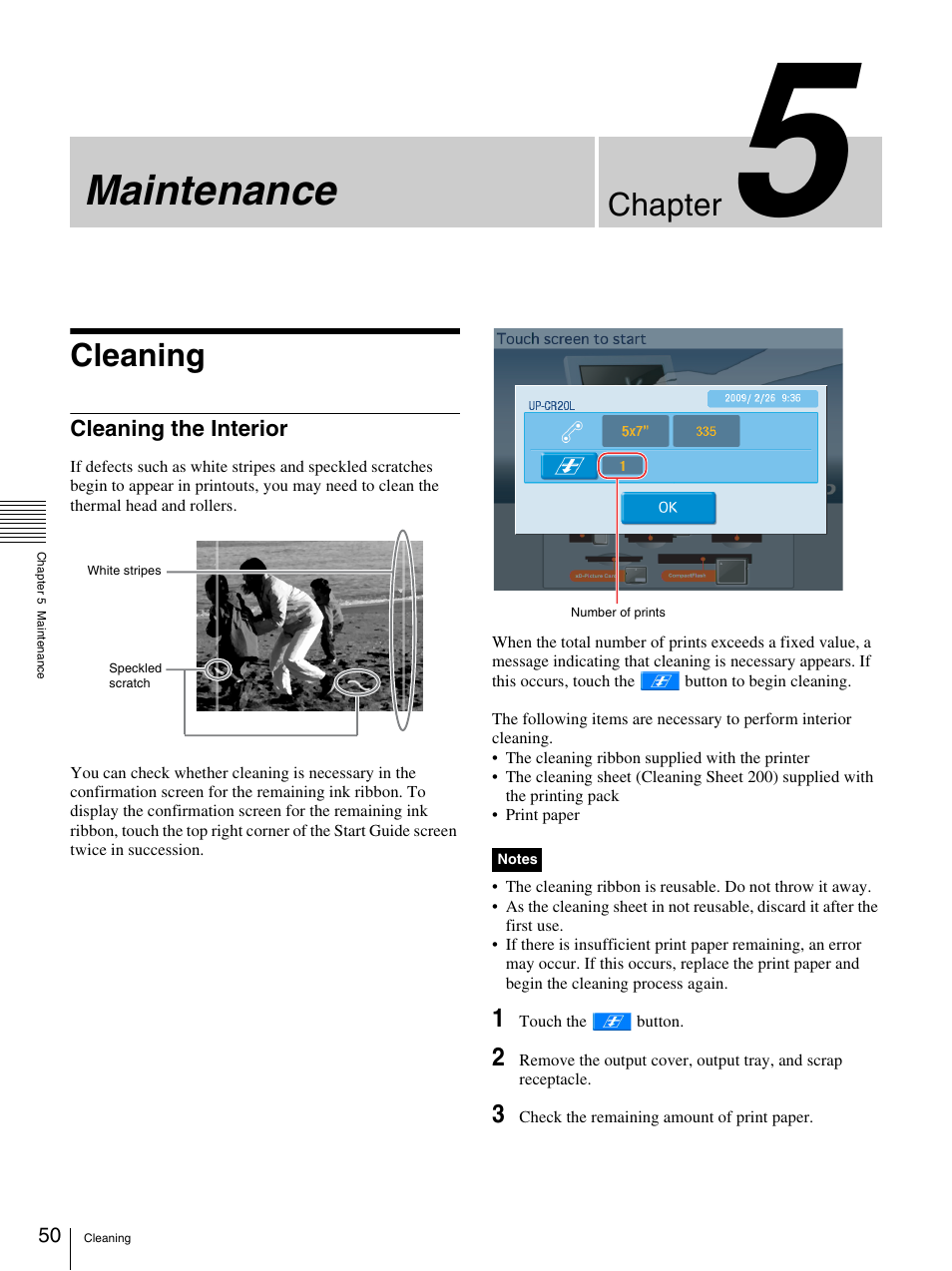 Chapter 5 maintenance, Cleaning, Cleaning the interior | Maintenance, Chapter | Sony UP-CR20L User Manual | Page 50 / 82