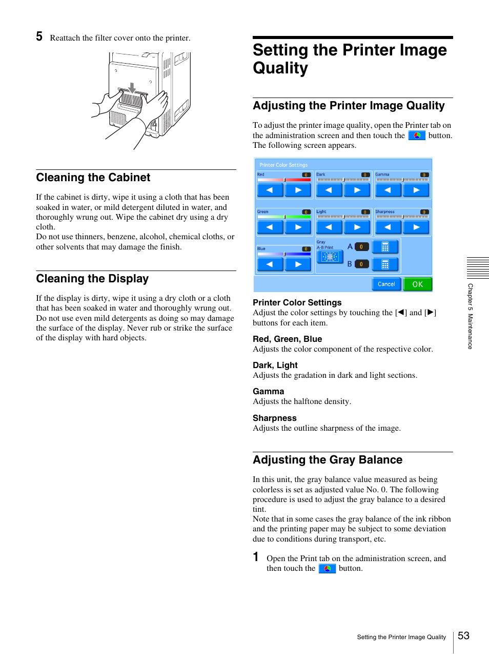 Cleaning the cabinet, Cleaning the display, Setting the printer image quality | Adjusting the printer image quality, Adjusting the gray balance, Cleaning the cabinet cleaning the display | Sony UP-CR20L User Manual | Page 53 / 82