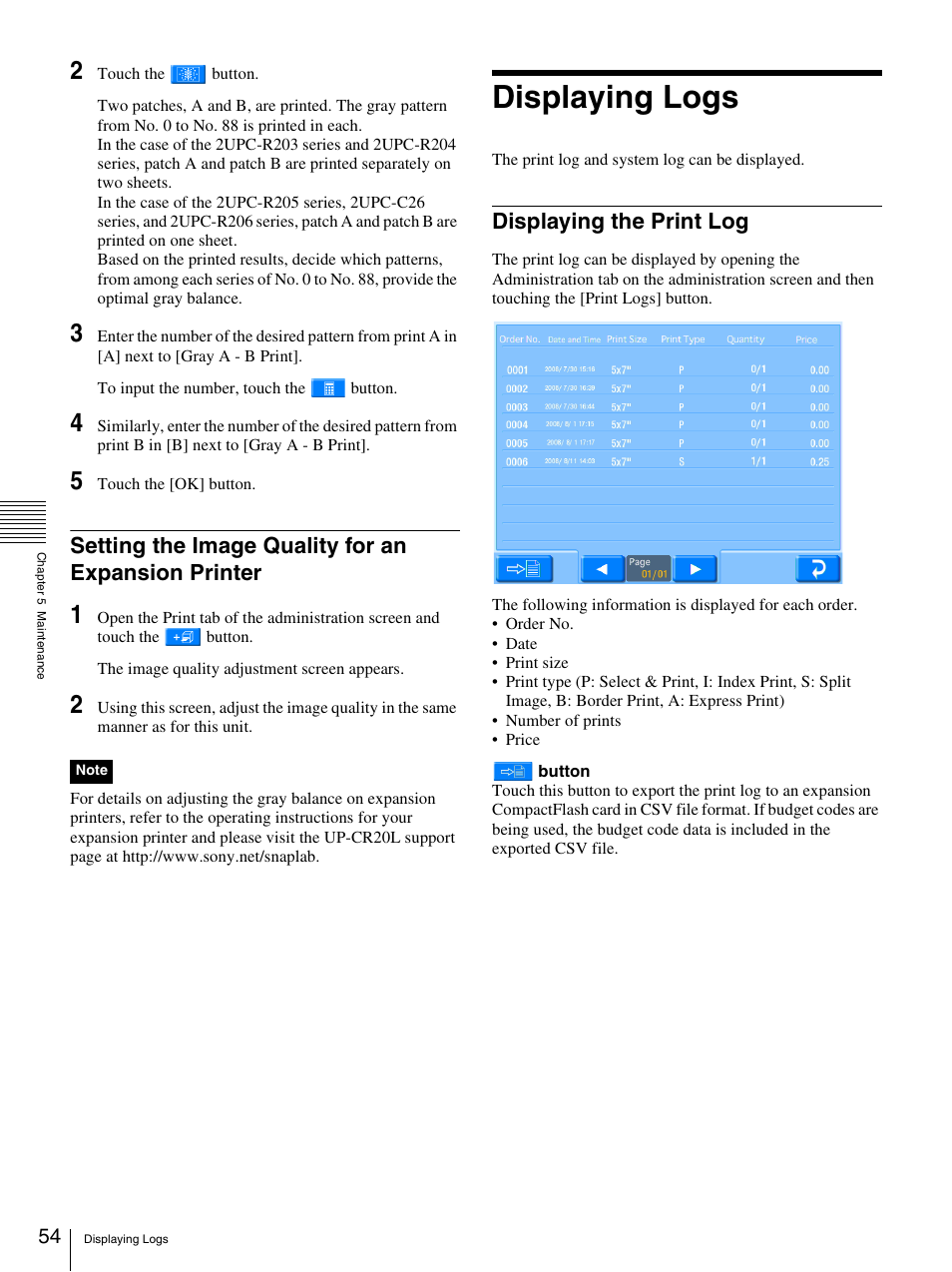 Setting the image quality for an expansion printer, Displaying logs, Displaying the print log | Sony UP-CR20L User Manual | Page 54 / 82