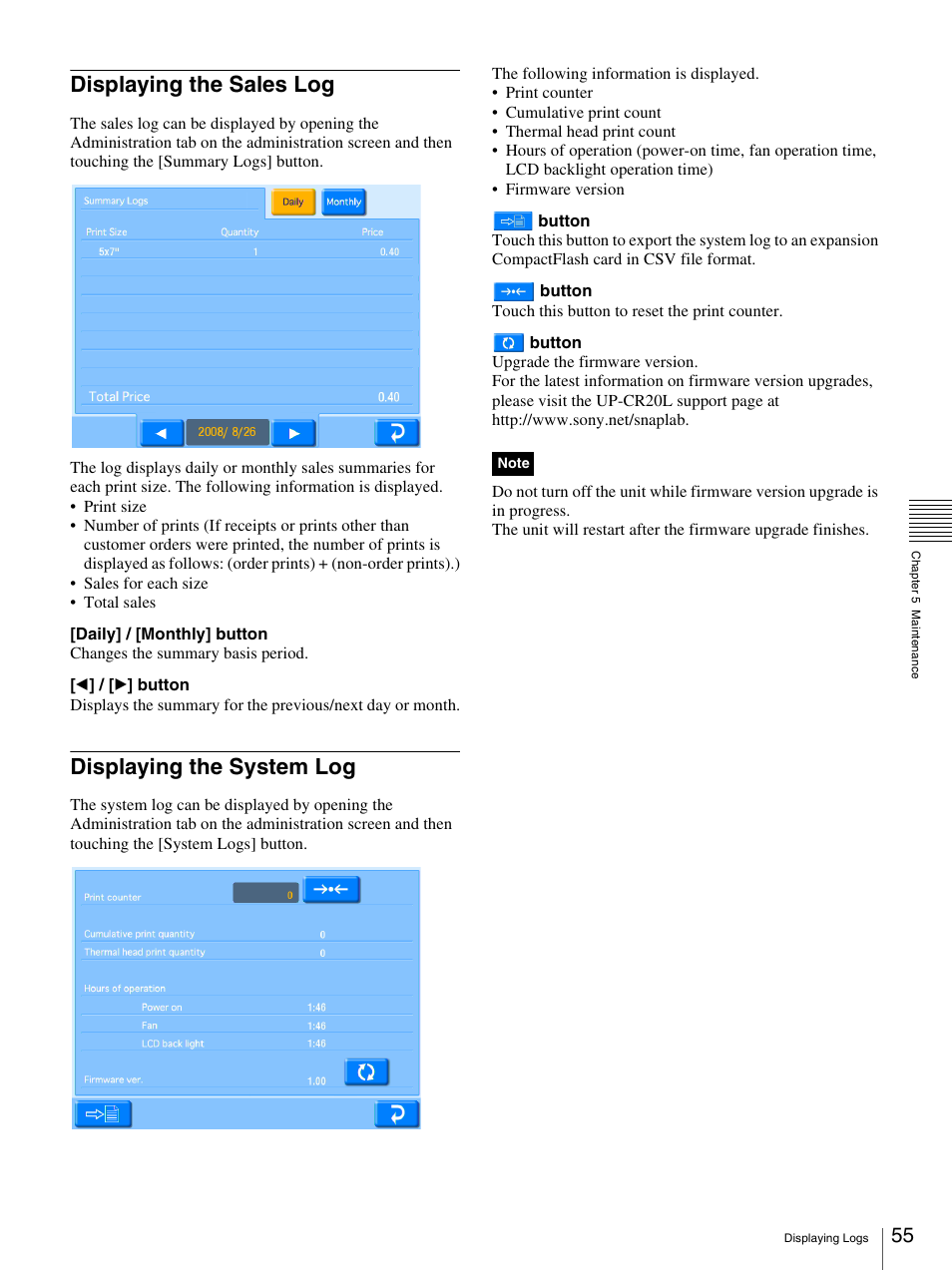 Displaying the sales log, Displaying the system log, Displaying the sales log displaying the system log | Sony UP-CR20L User Manual | Page 55 / 82