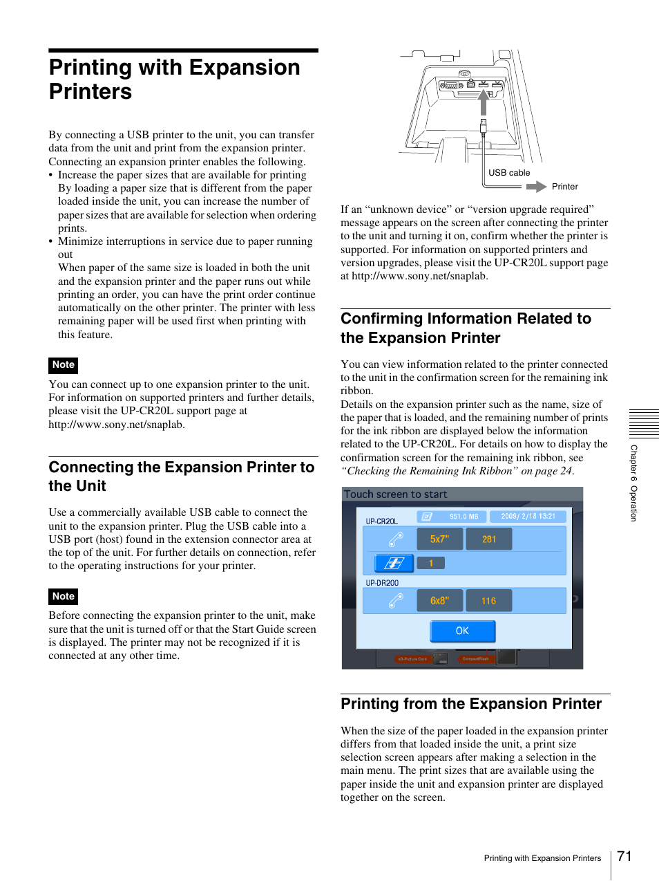 Printing with expansion printers, Connecting the expansion printer to the unit, Printing from the expansion printer | Sony UP-CR20L User Manual | Page 71 / 82