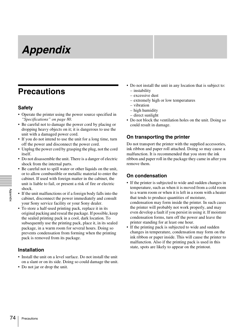 Appendix, Precautions | Sony UP-CR20L User Manual | Page 74 / 82