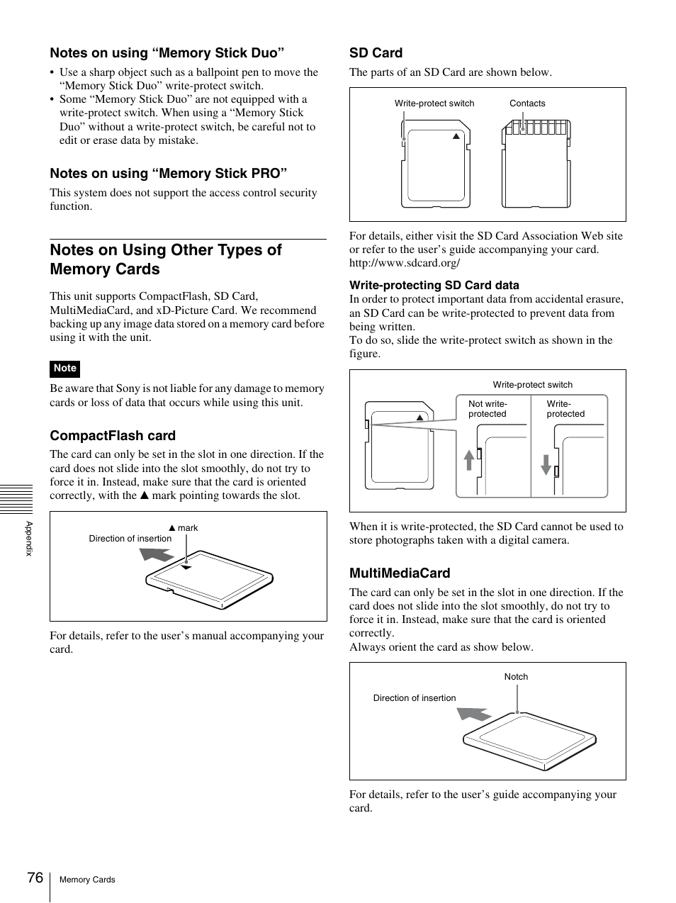 Notes on using other types of memory cards, Compactflash card, Sd card | Multimediacard | Sony UP-CR20L User Manual | Page 76 / 82