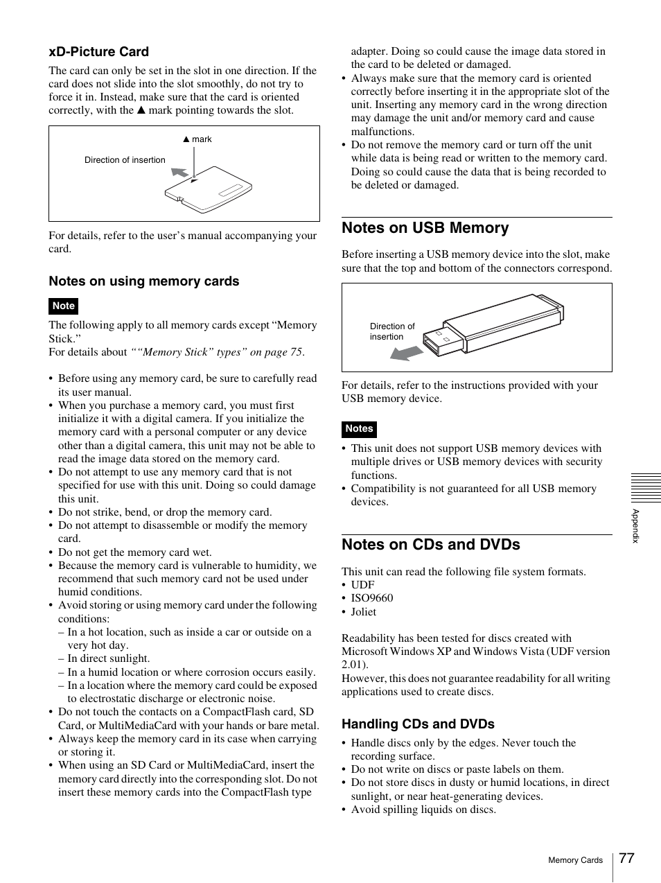 Notes on usb memory, Notes on cds and dvds, Notes on usb memory notes on cds and dvds | Sony UP-CR20L User Manual | Page 77 / 82