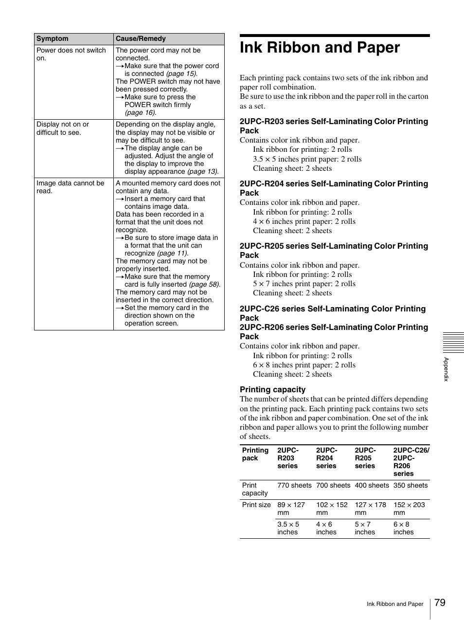 Ink ribbon and paper | Sony UP-CR20L User Manual | Page 79 / 82