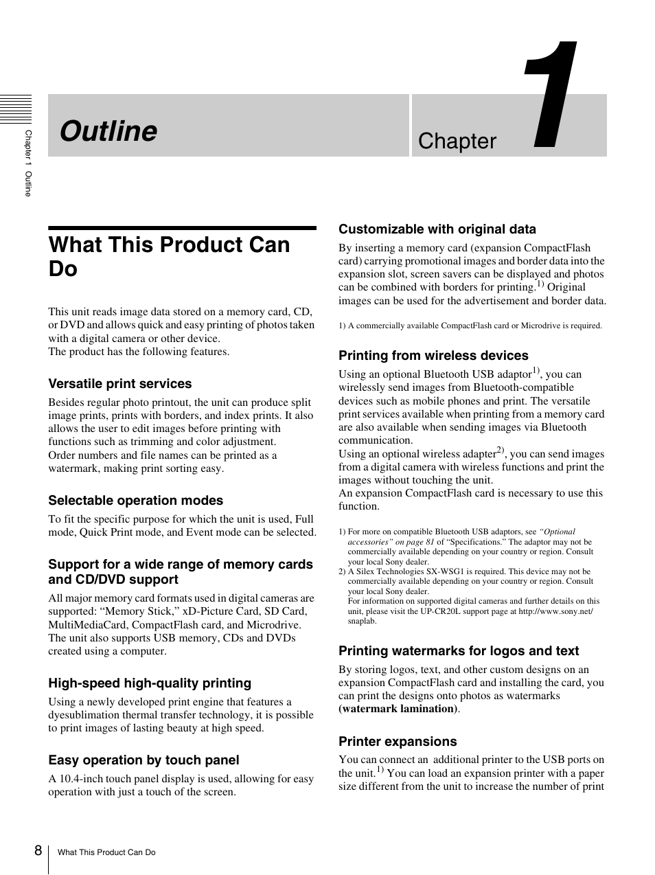 Chapter 1 outline, What this product can do, Outline | Chapter | Sony UP-CR20L User Manual | Page 8 / 82