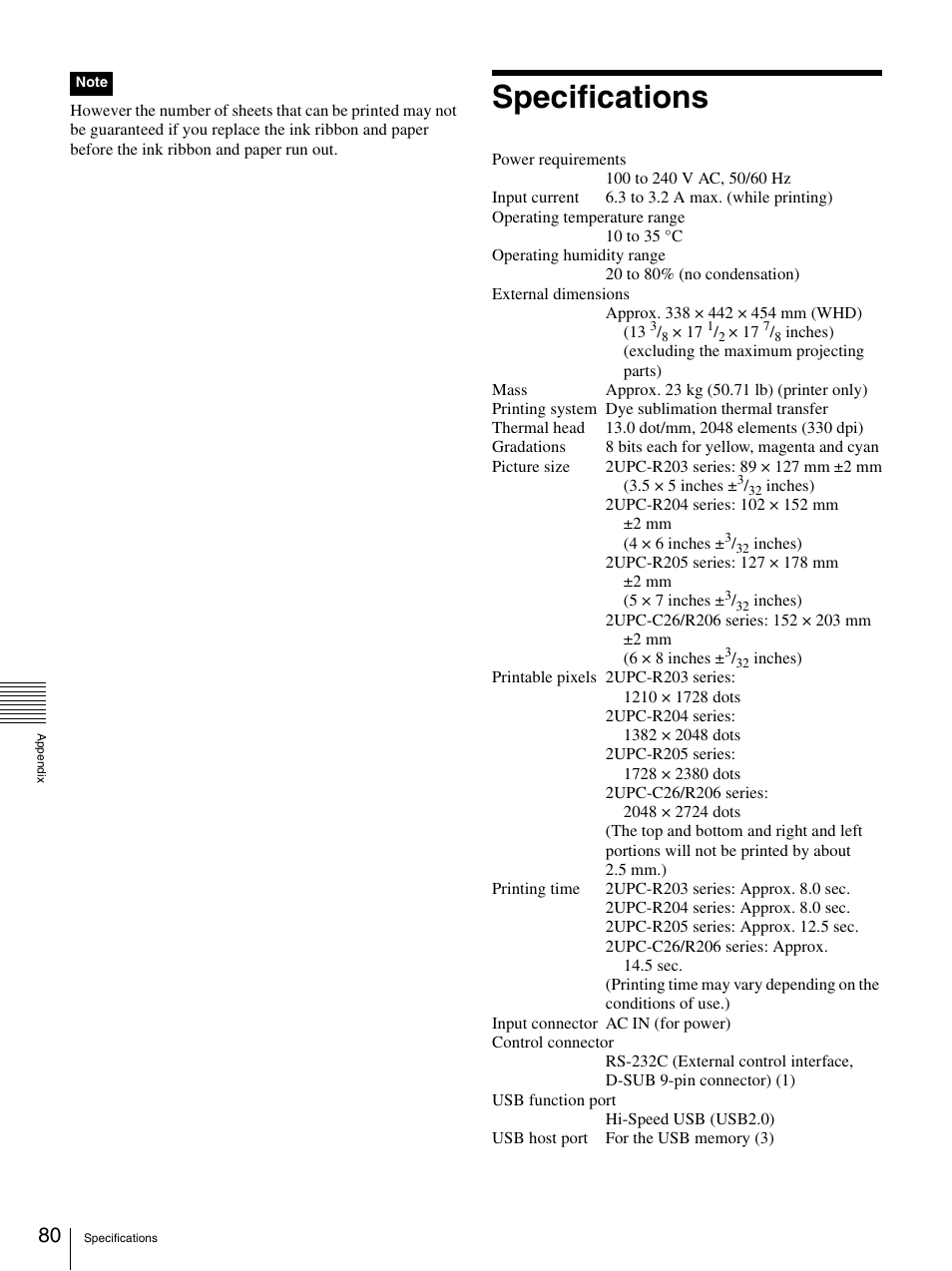 Specifications | Sony UP-CR20L User Manual | Page 80 / 82