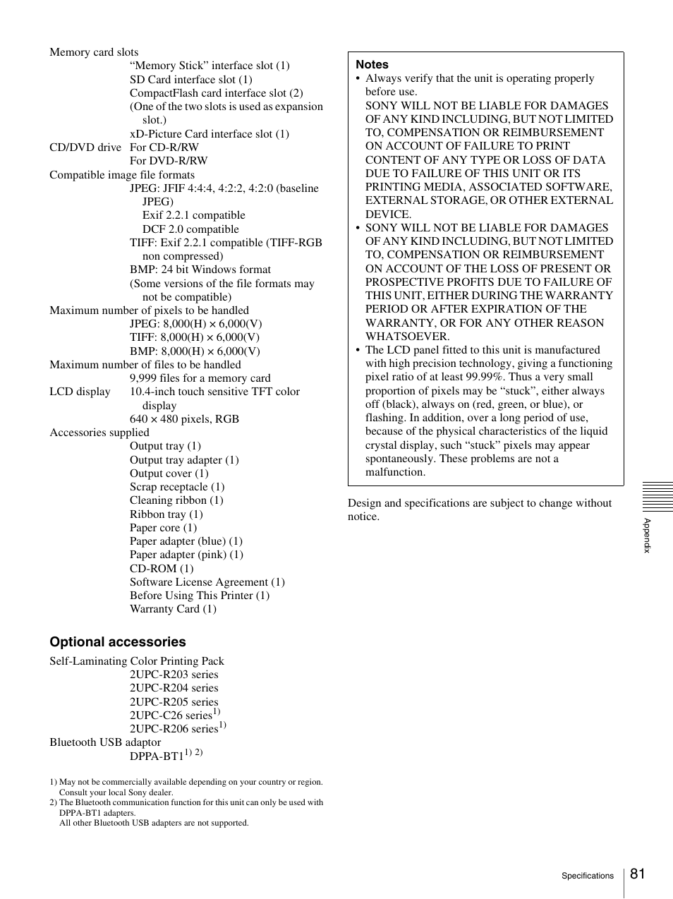 Optional accessories | Sony UP-CR20L User Manual | Page 81 / 82