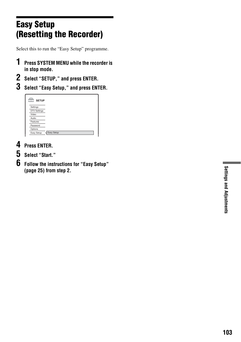 Easy setup (resetting the recorder) | Sony RDR-HXD910 User Manual | Page 103 / 124