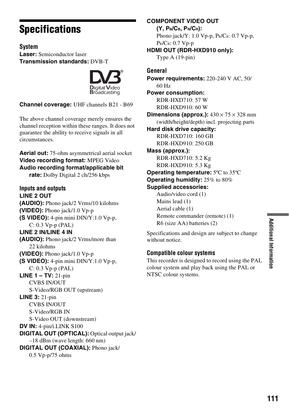 Specifications | Sony RDR-HXD910 User Manual | Page 111 / 124