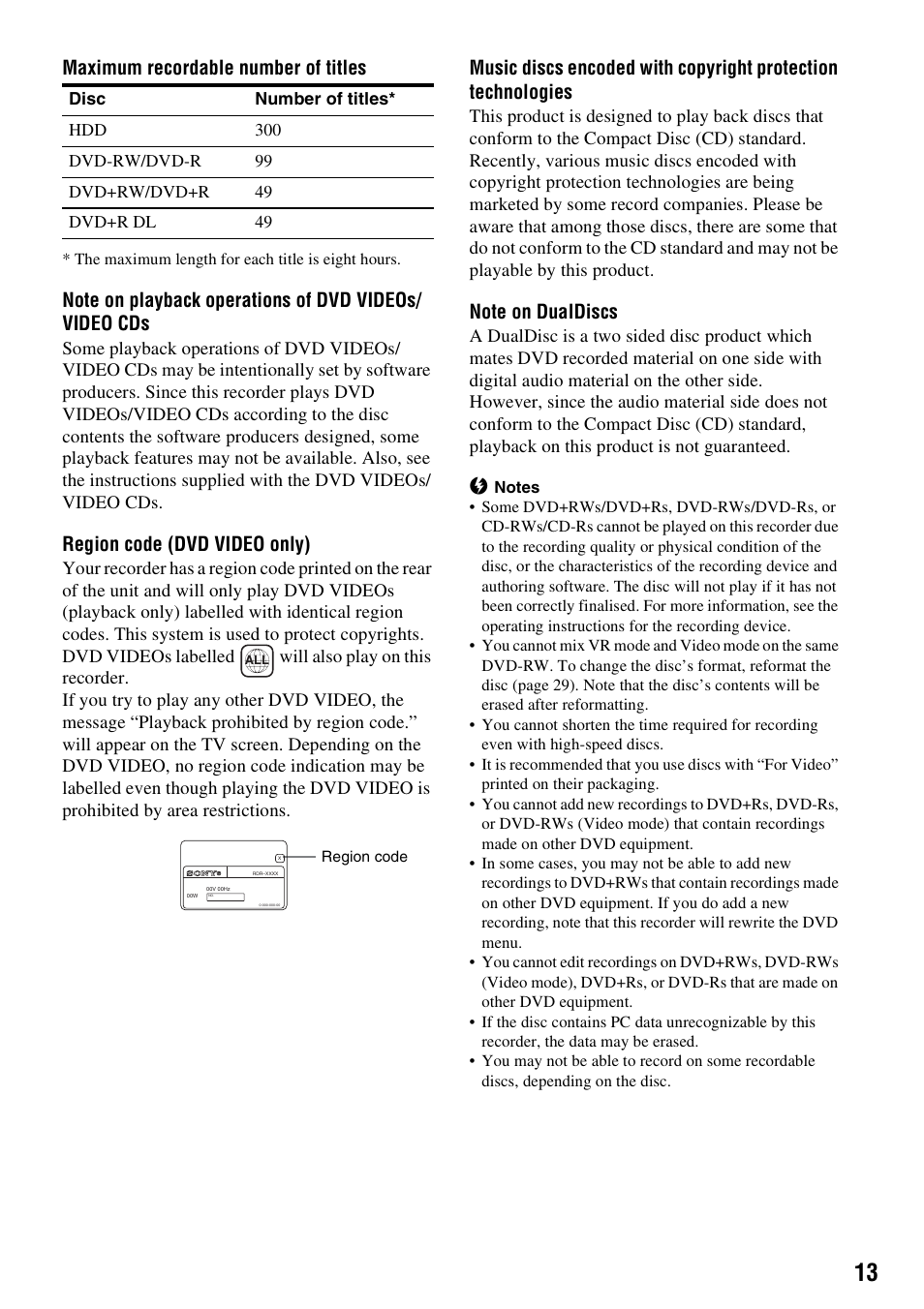 Maximum recordable number of titles, Region code (dvd video only) | Sony RDR-HXD910 User Manual | Page 13 / 124