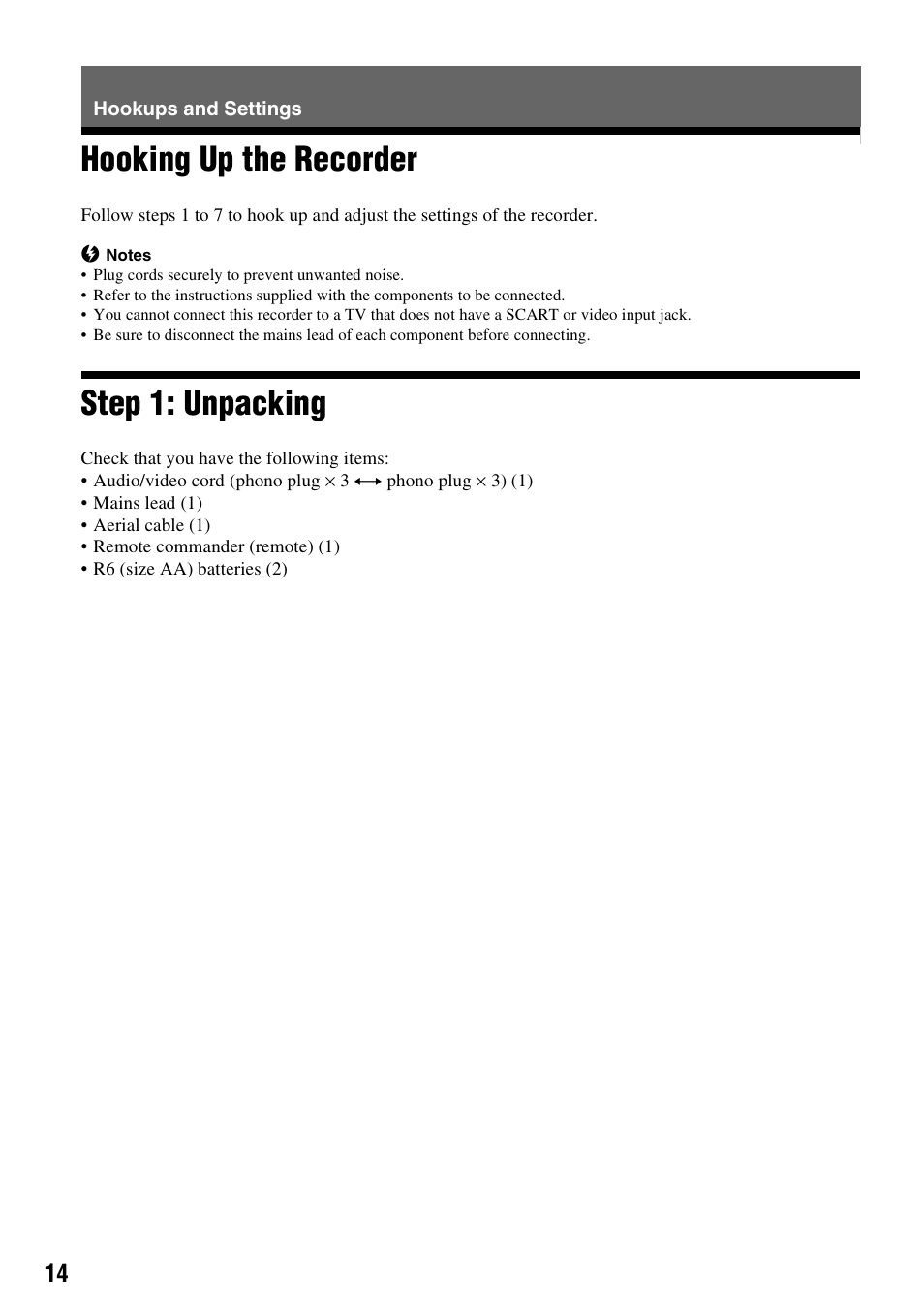 Hookups and settings, Hooking up the recorder, Step 1: unpacking | Hooking up the recorder step 1: unpacking | Sony RDR-HXD910 User Manual | Page 14 / 124