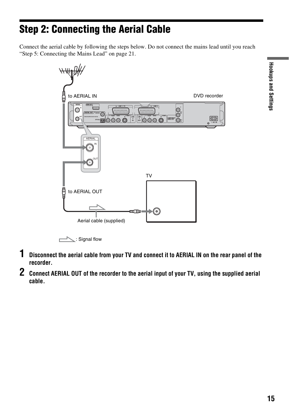 Step 2: connecting the aerial cable, Hook up s and se tti n gs | Sony RDR-HXD910 User Manual | Page 15 / 124