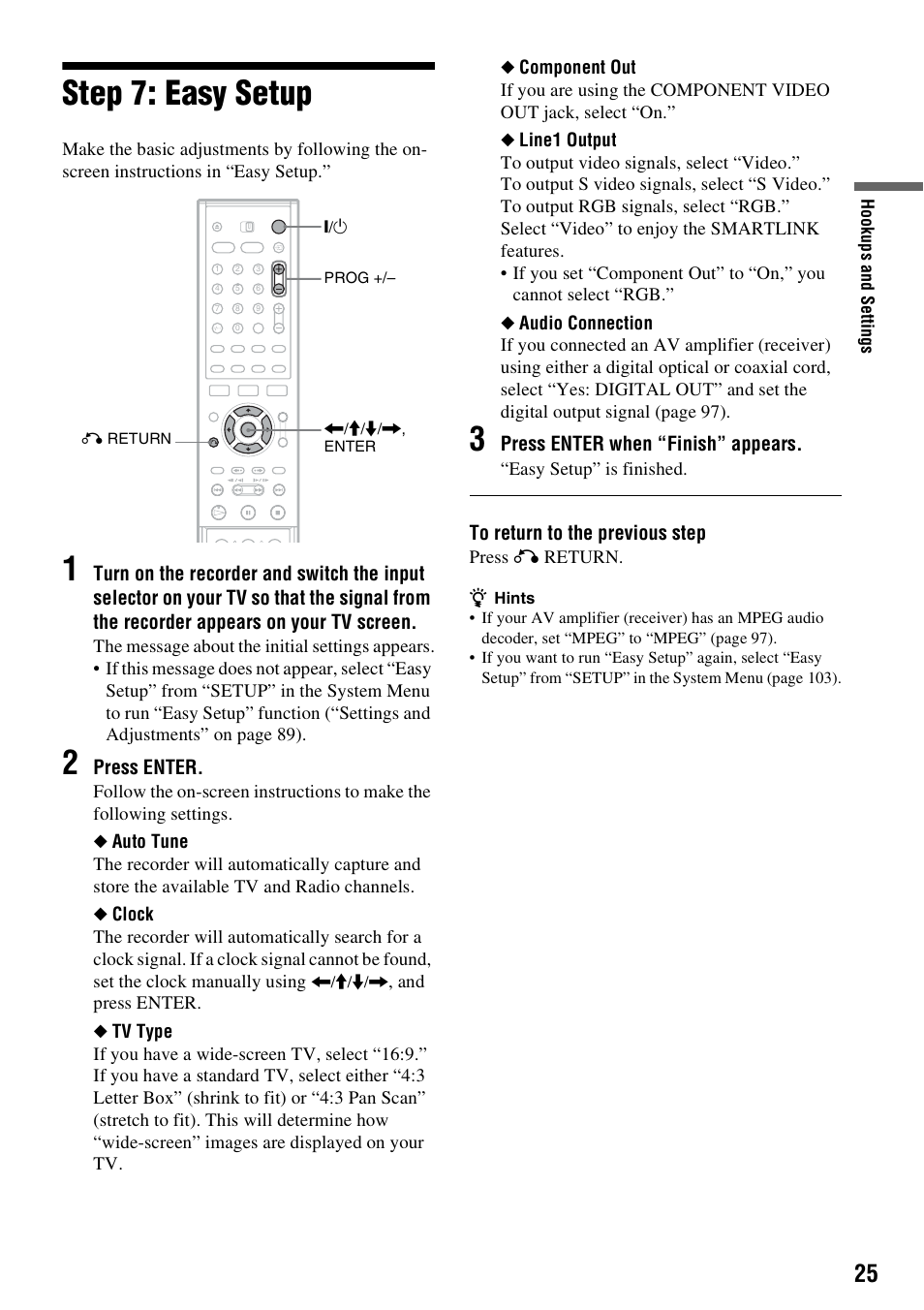 Step 7: easy setup | Sony RDR-HXD910 User Manual | Page 25 / 124