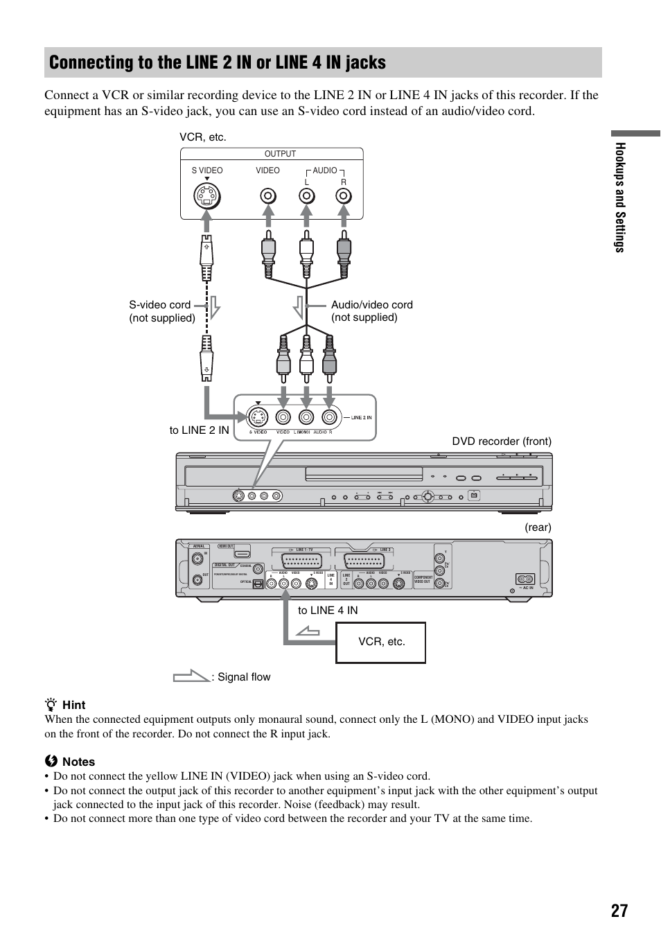 Connecting to the line 2 in or line 4 in jacks, Hook up s and se tti n gs | Sony RDR-HXD910 User Manual | Page 27 / 124
