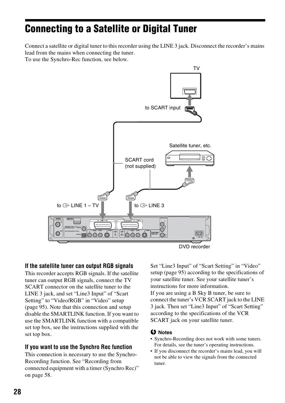 Connecting to a satellite or digital tuner, If the satellite tuner can output rgb signals, If you want to use the synchro rec function | Sony RDR-HXD910 User Manual | Page 28 / 124
