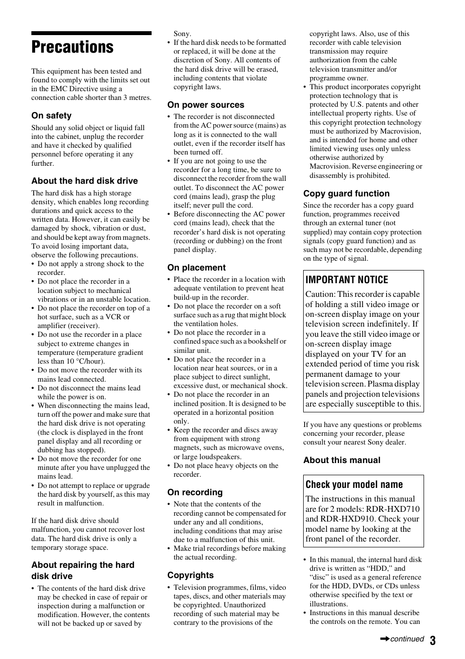 Precautions, Important notice, Check your model name | Sony RDR-HXD910 User Manual | Page 3 / 124