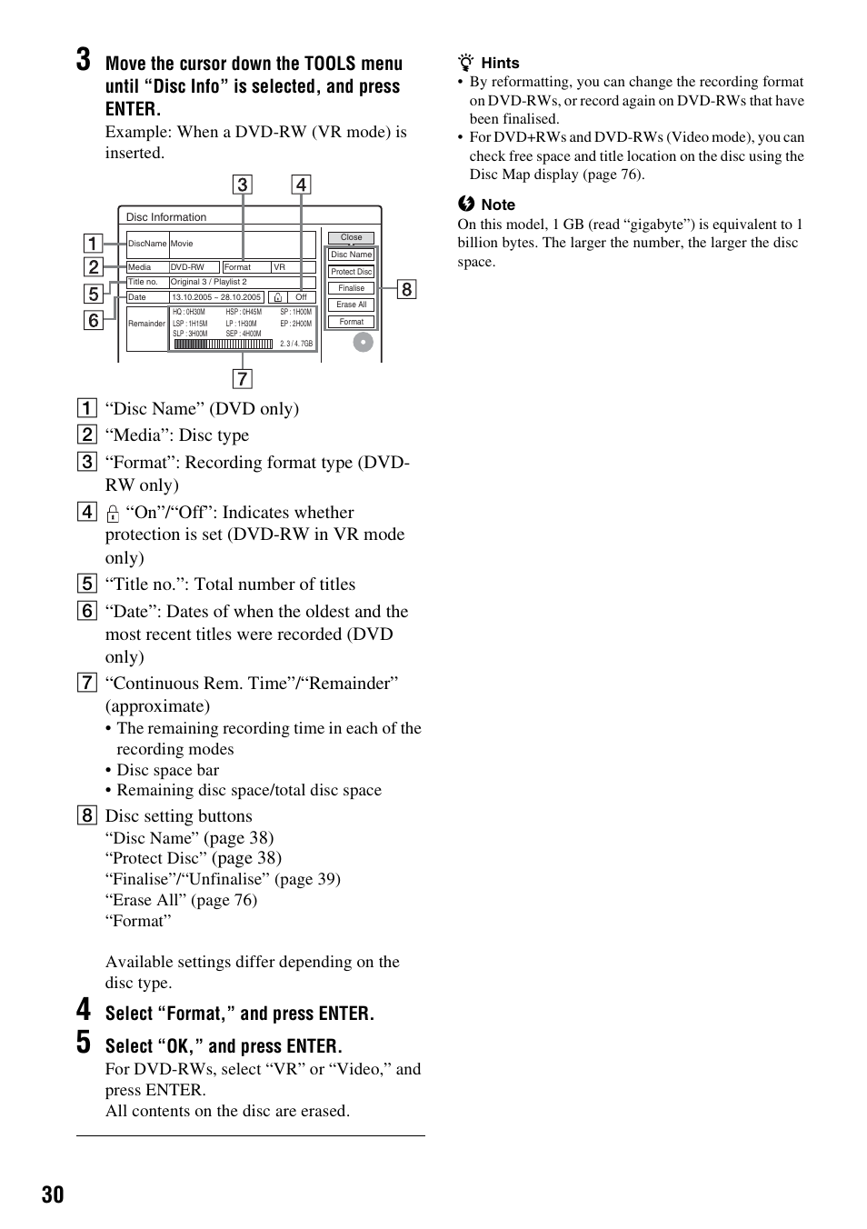 8 disc setting buttons, Page 38), Select “format,” and press enter | Select “ok,” and press enter, Example: when a dvd-rw (vr mode) is inserted, Disc name, Protect disc | Sony RDR-HXD910 User Manual | Page 30 / 124