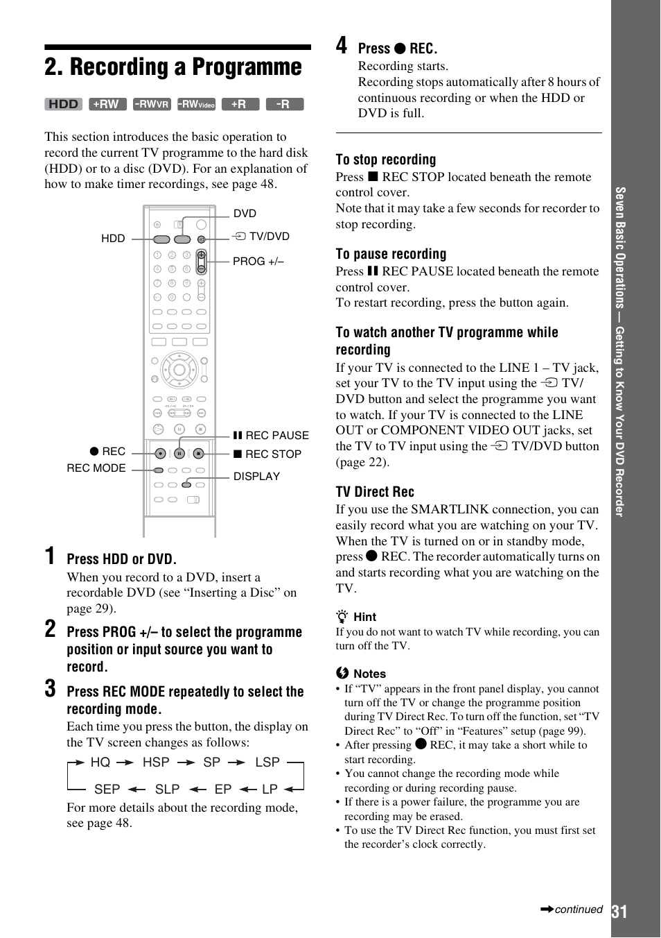 Recording a programme | Sony RDR-HXD910 User Manual | Page 31 / 124