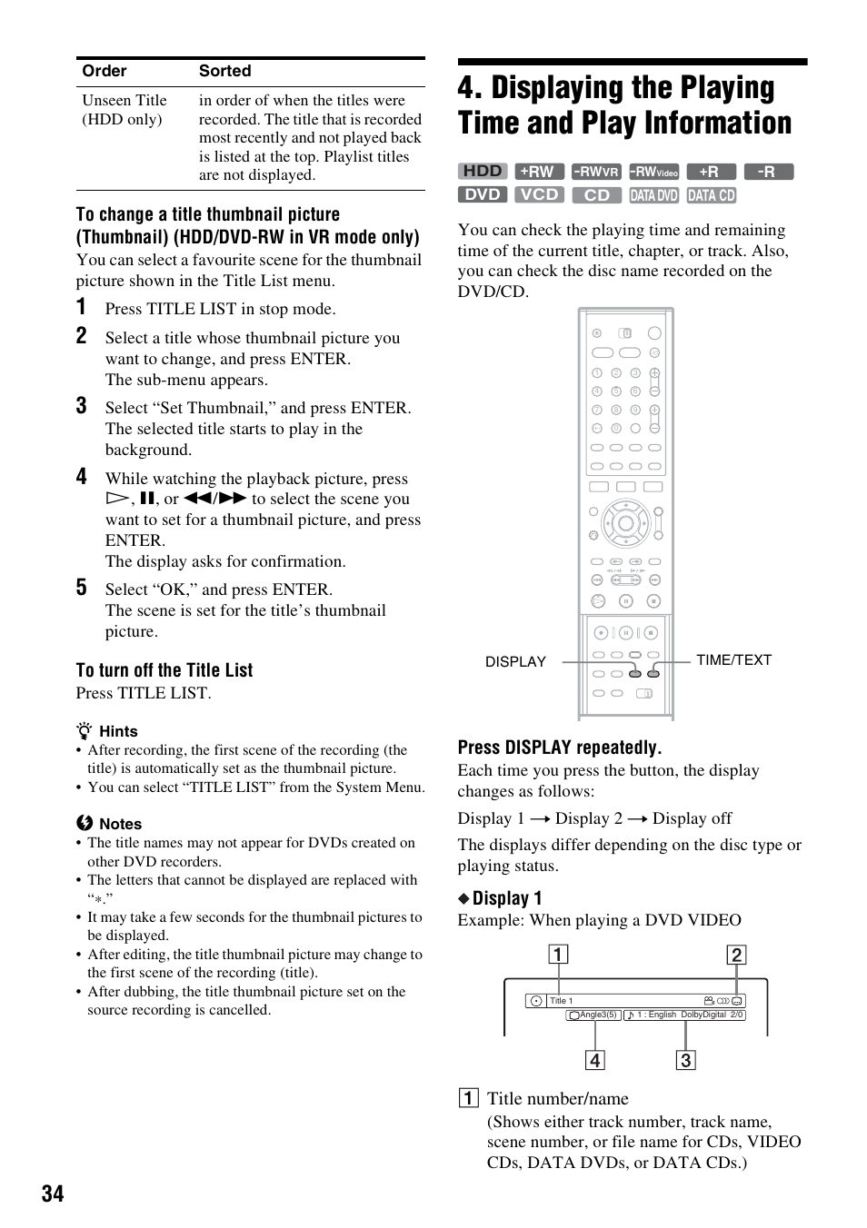 Displaying the playing time and play information, Press display repeatedly, Display 1 | A title number/name | Sony RDR-HXD910 User Manual | Page 34 / 124