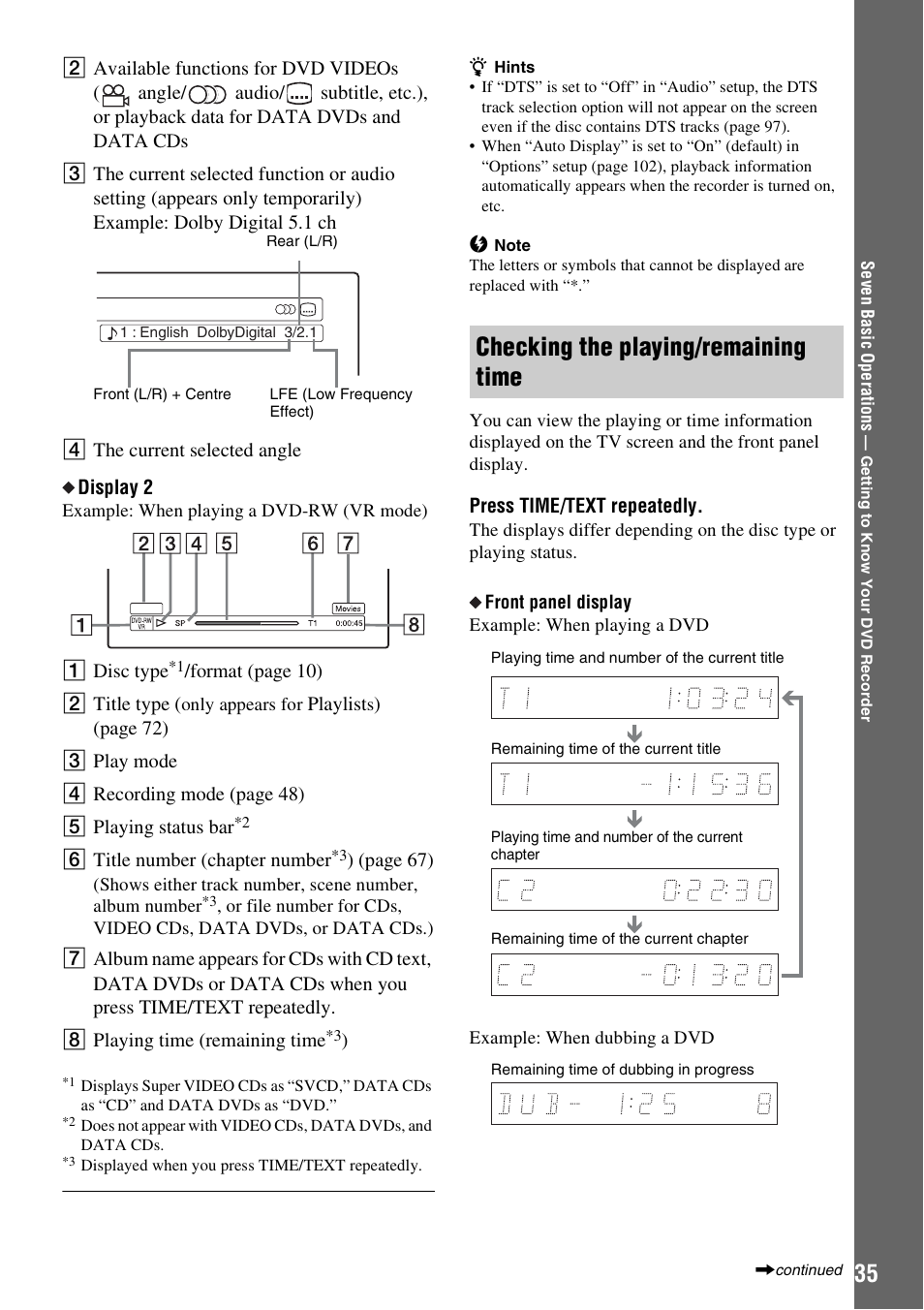 Checking the playing/remaining time | Sony RDR-HXD910 User Manual | Page 35 / 124