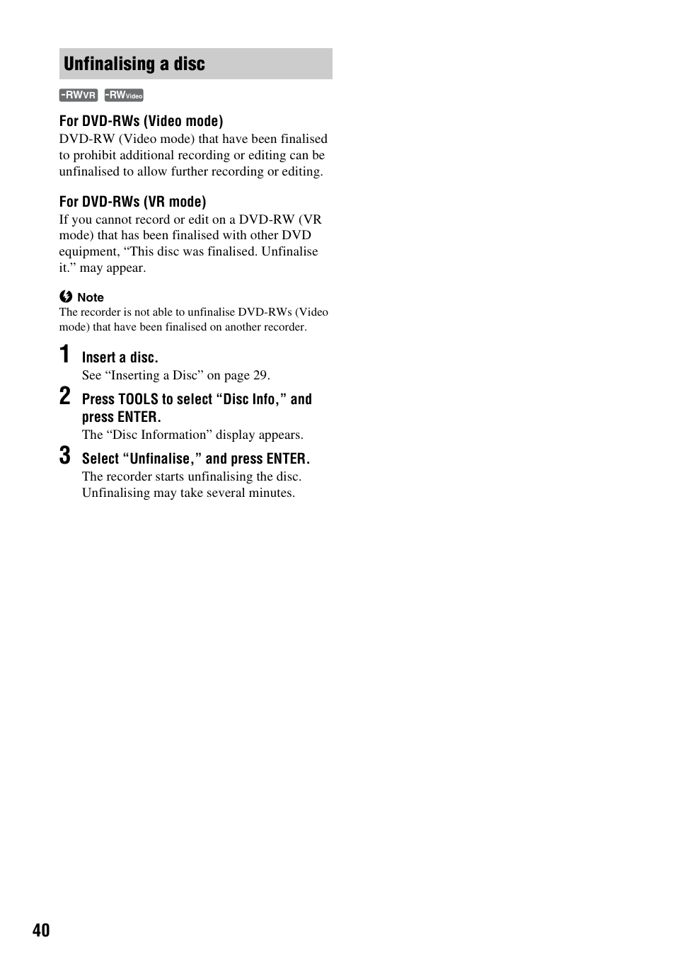 Unfinalising a disc | Sony RDR-HXD910 User Manual | Page 40 / 124