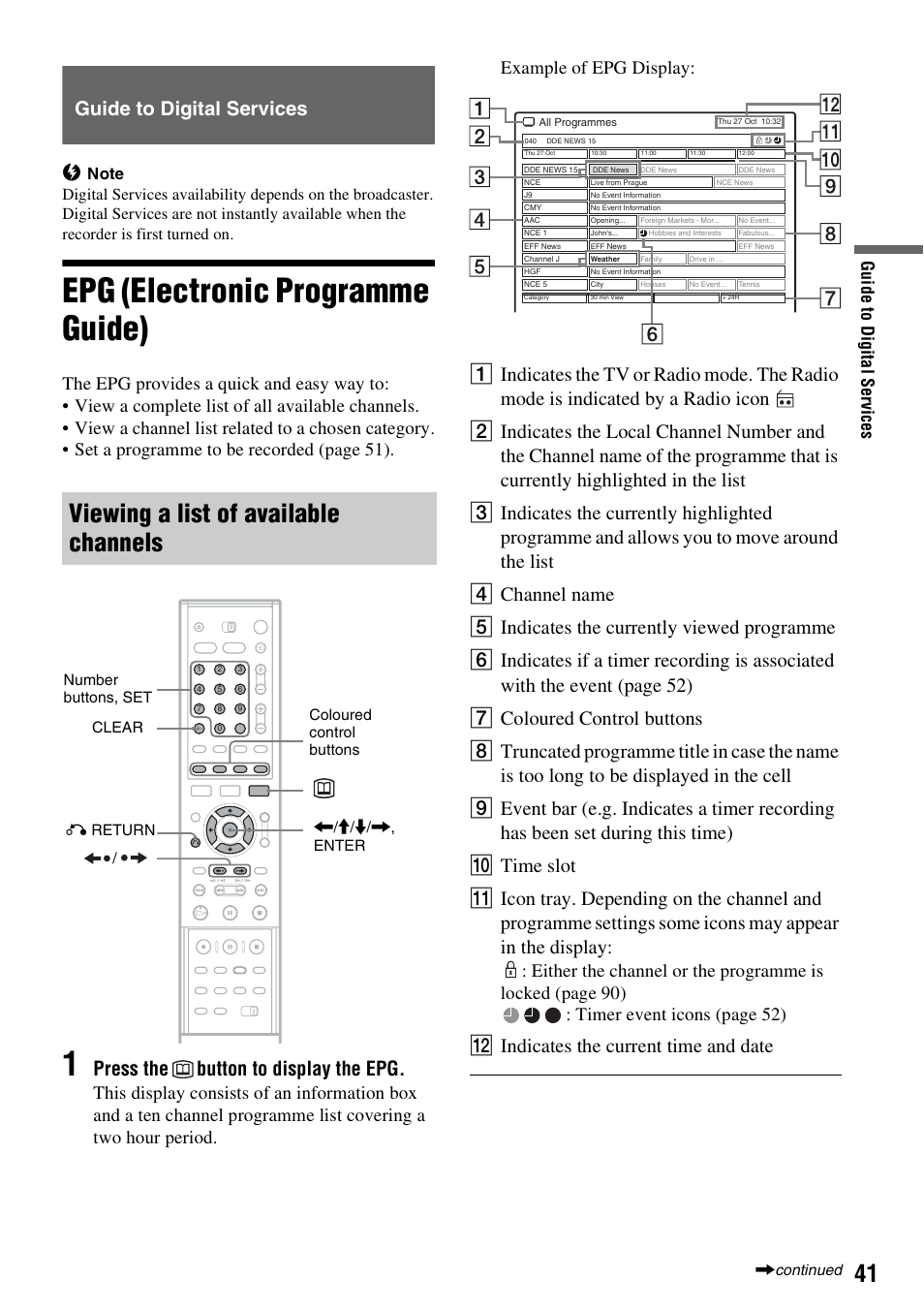 Guide to digital services, Epg (electronic programme guide), Viewing a list of available channels | Guide to digital services b, Press the button to display the epg, L indicates the current time and date, Gu ide t o di gi ta l serv ic es | Sony RDR-HXD910 User Manual | Page 41 / 124
