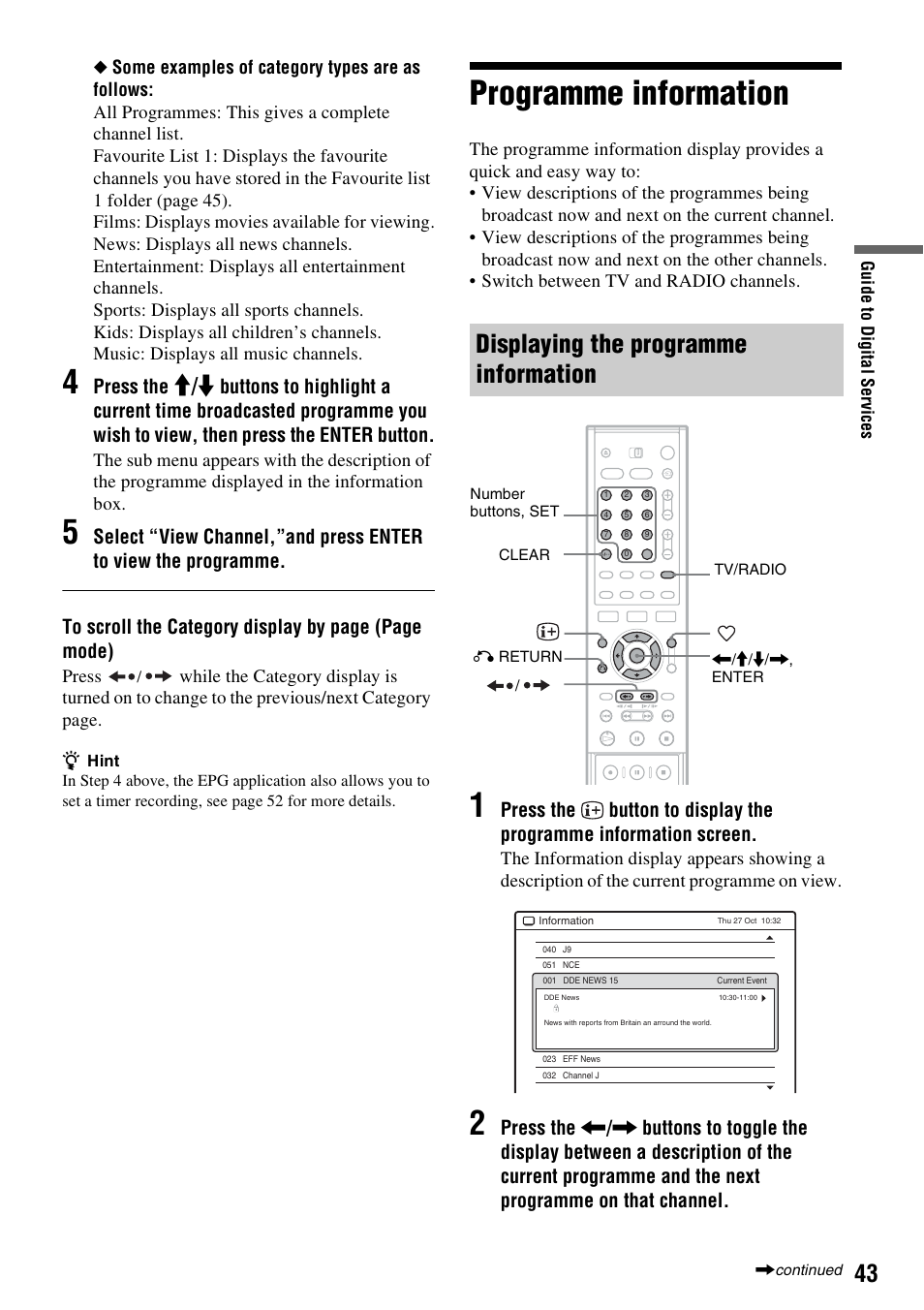Programme information, Displaying the programme information, M / m | Press the, Press | Sony RDR-HXD910 User Manual | Page 43 / 124
