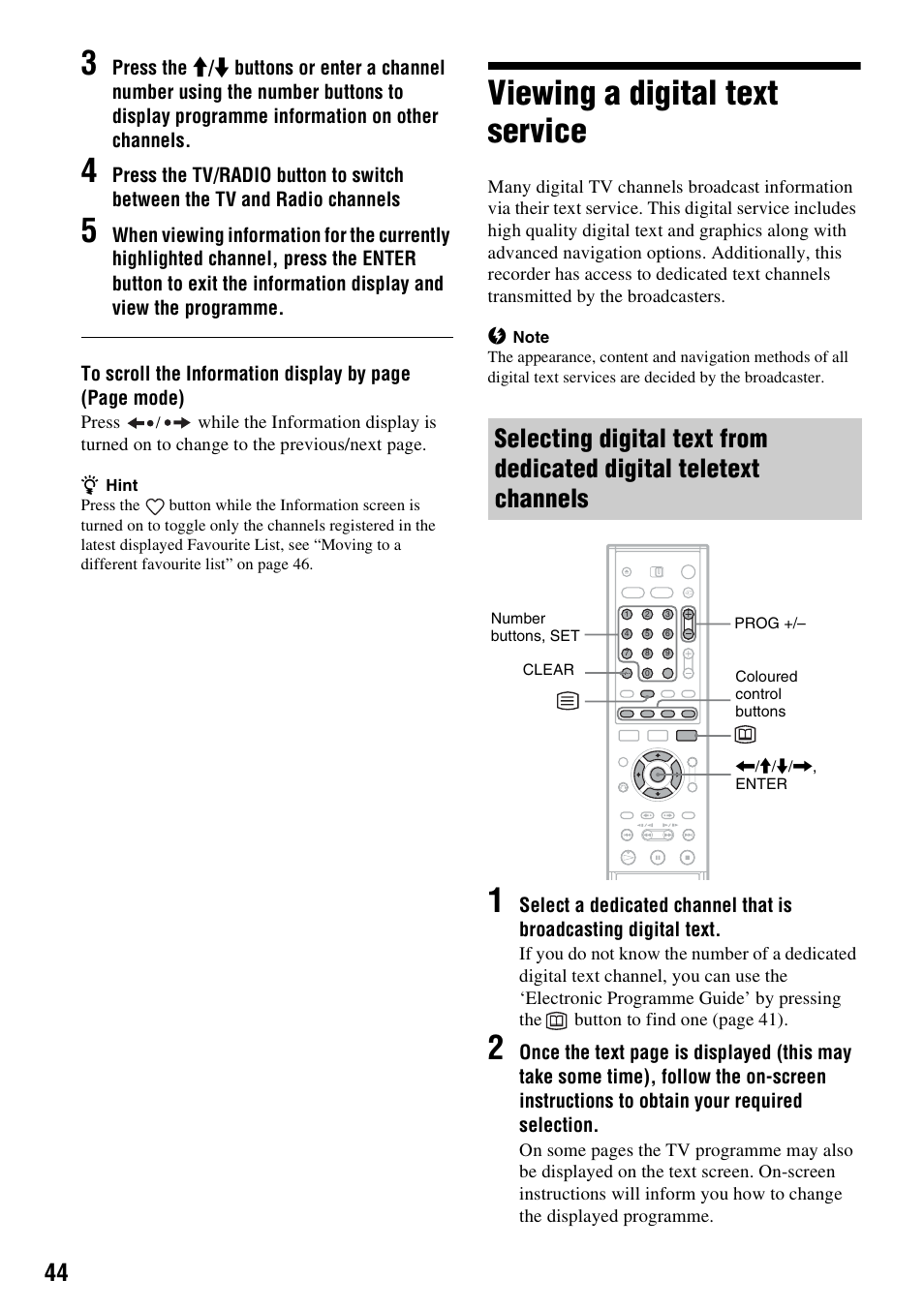 Viewing a digital text service | Sony RDR-HXD910 User Manual | Page 44 / 124