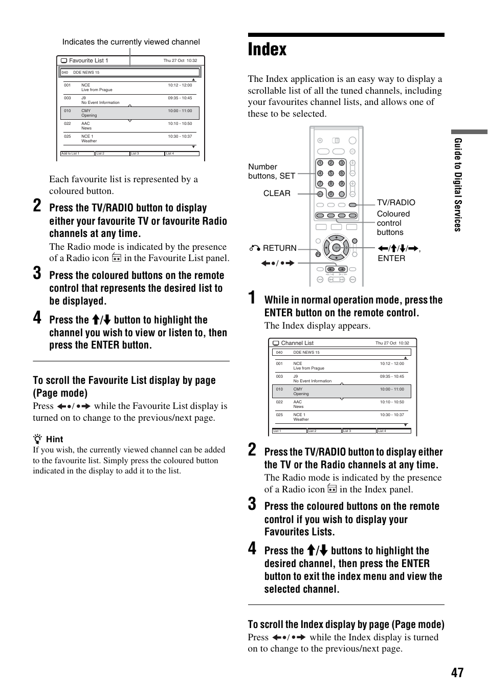 Index, M / m, Press the | Press, The index display appears, Gu ide t o di gi ta l serv ic es | Sony RDR-HXD910 User Manual | Page 47 / 124