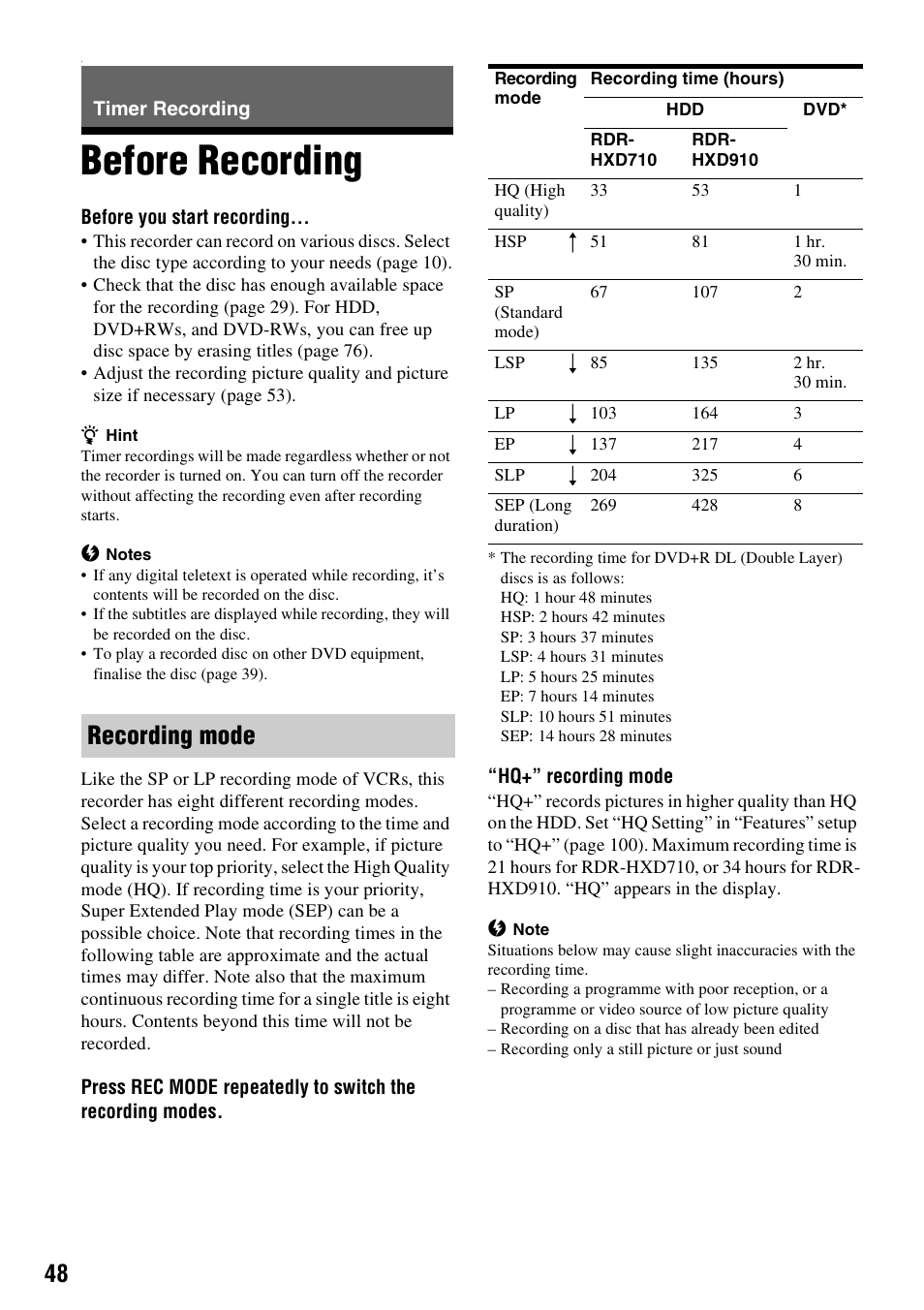 Timer recording, Before recording, Recording mode | Sony RDR-HXD910 User Manual | Page 48 / 124